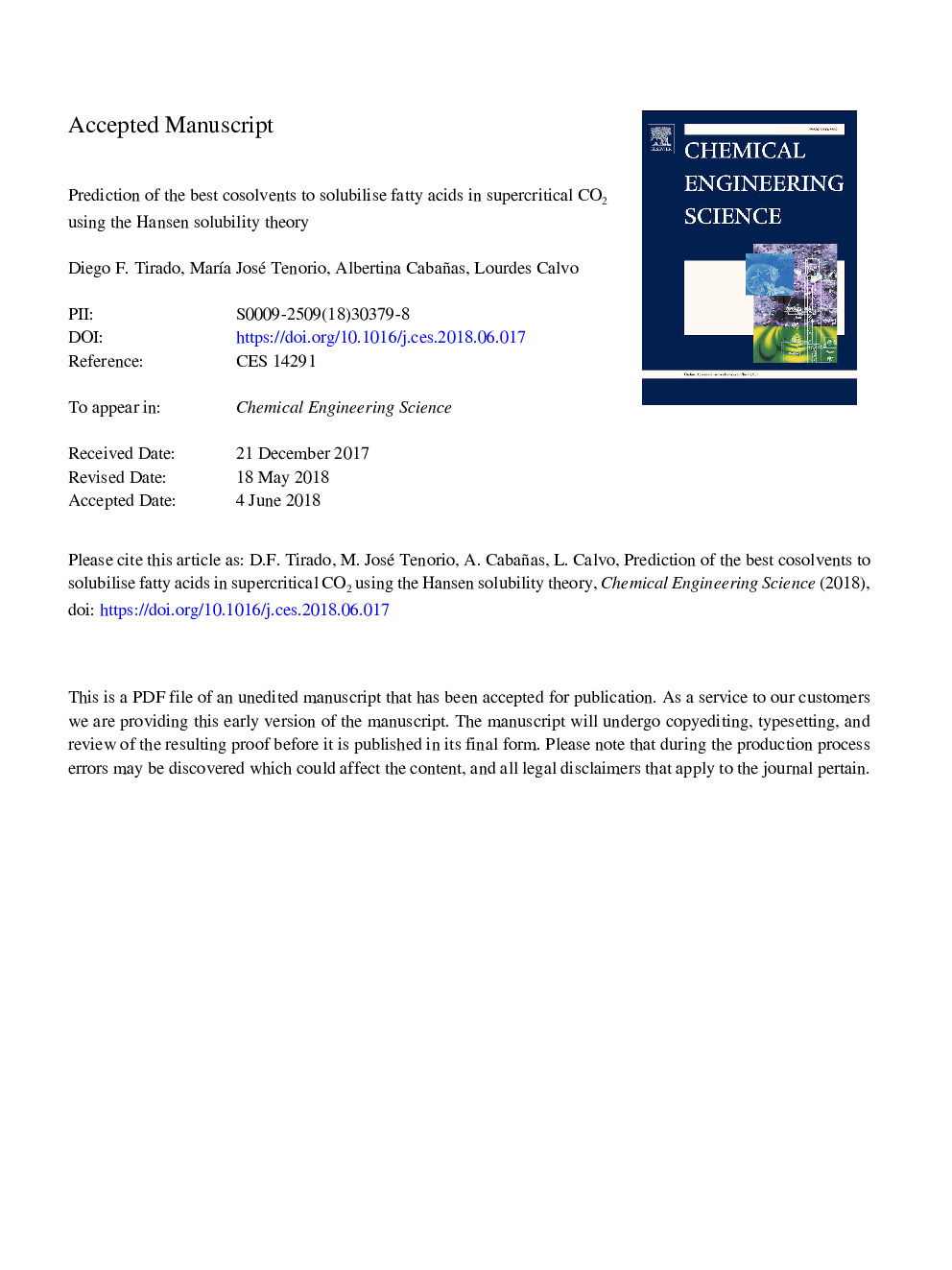 Prediction of the best cosolvents to solubilise fatty acids in supercritical CO2 using the Hansen solubility theory