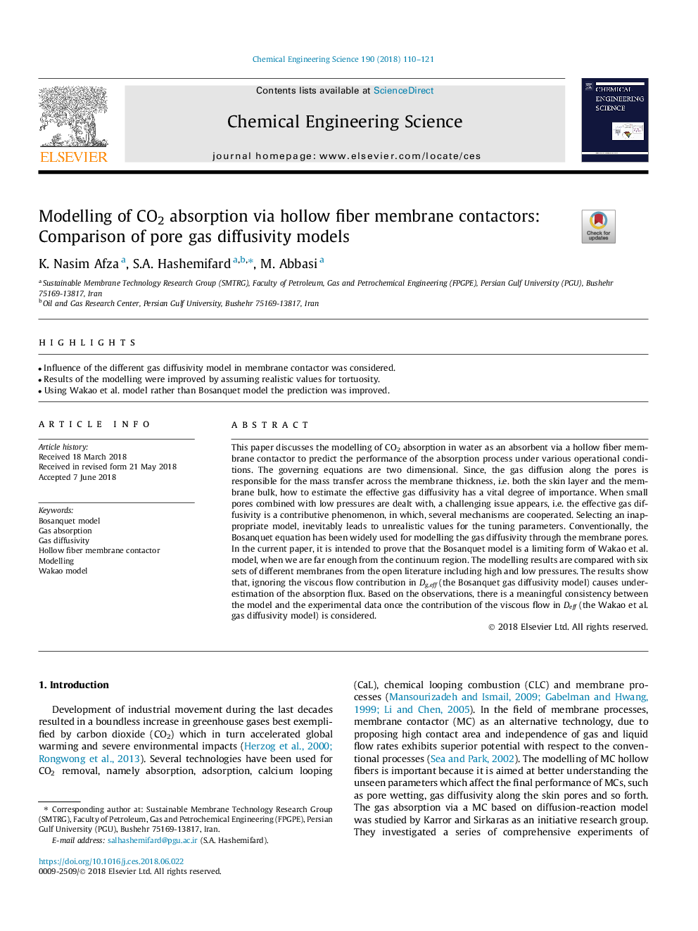 Modelling of CO2 absorption via hollow fiber membrane contactors: Comparison of pore gas diffusivity models