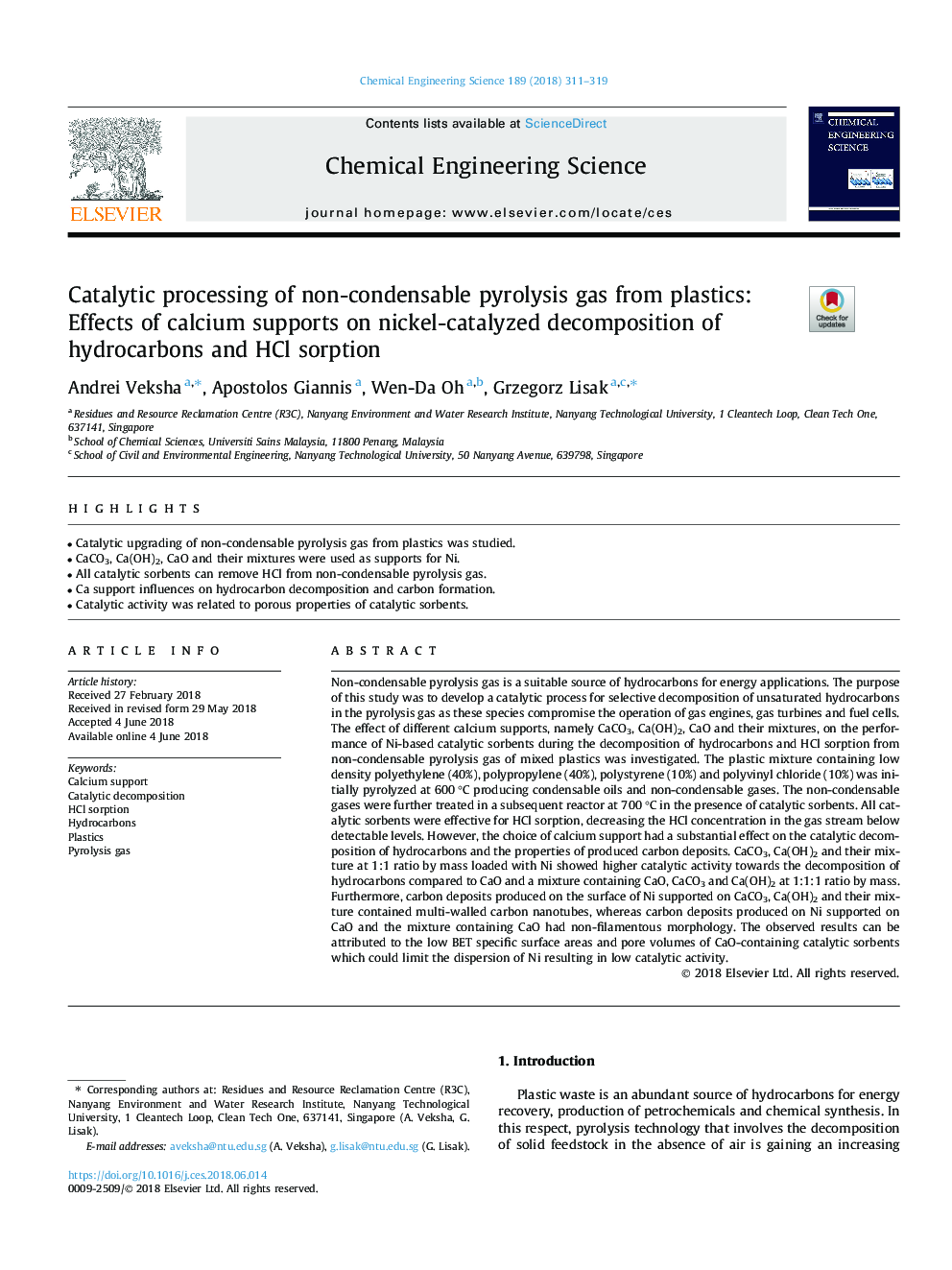 Catalytic processing of non-condensable pyrolysis gas from plastics: Effects of calcium supports on nickel-catalyzed decomposition of hydrocarbons and HCl sorption