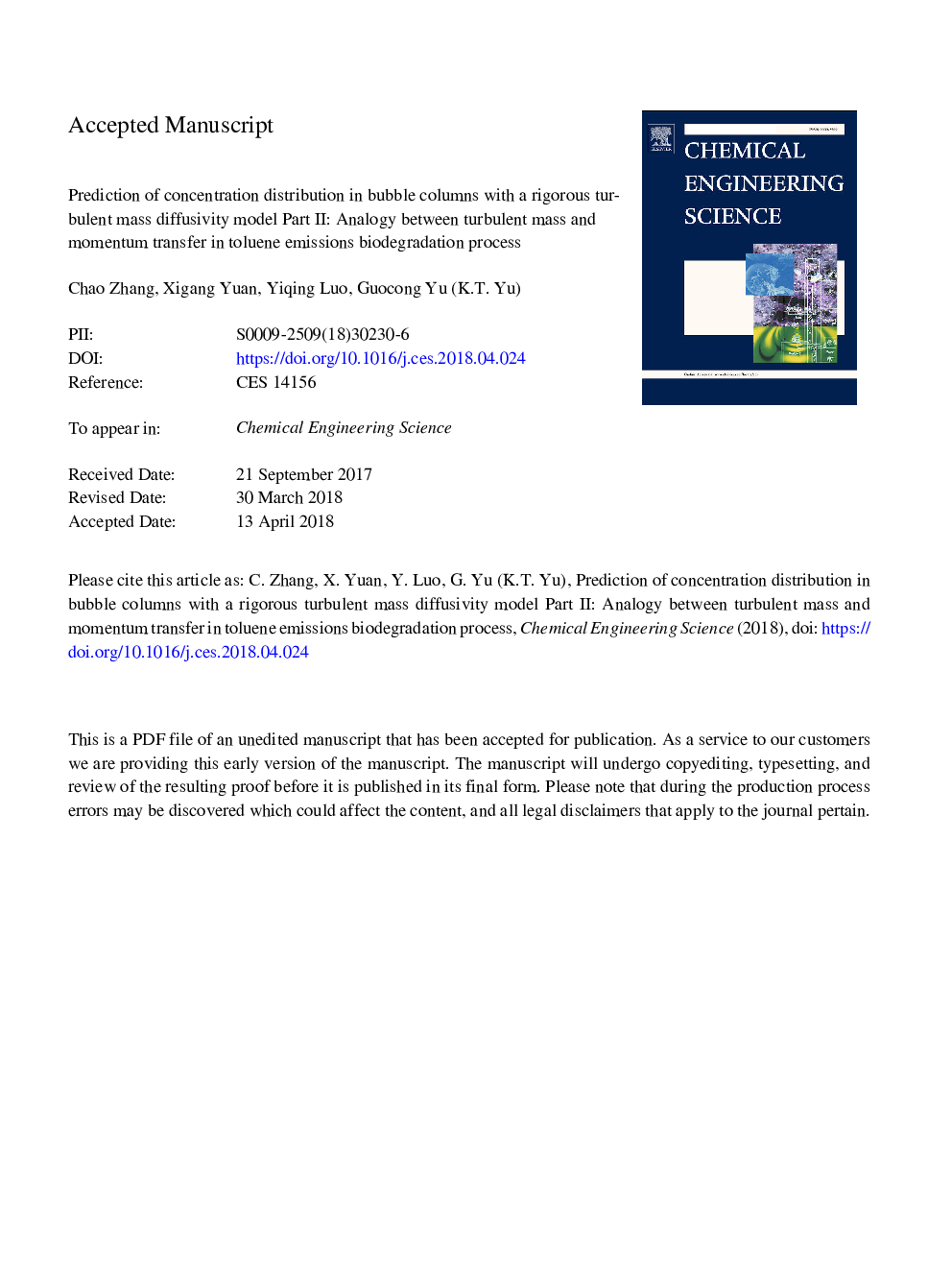 Prediction of species concentration distribution using a rigorous turbulent mass diffusivity model for bubble column reactor simulation part II: Analogy between turbulent mass and momentum transfer in toluene emissions biodegradation process