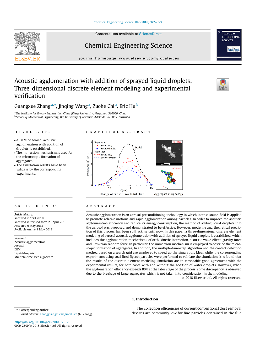 Acoustic agglomeration with addition of sprayed liquid droplets: Three-dimensional discrete element modeling and experimental verification