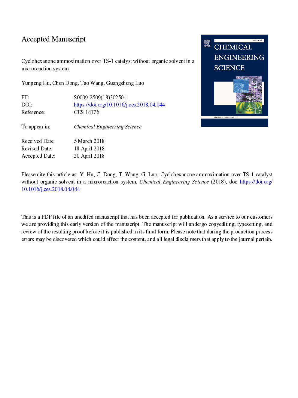 Cyclohexanone ammoximation over TS-1 catalyst without organic solvent in a microreaction system