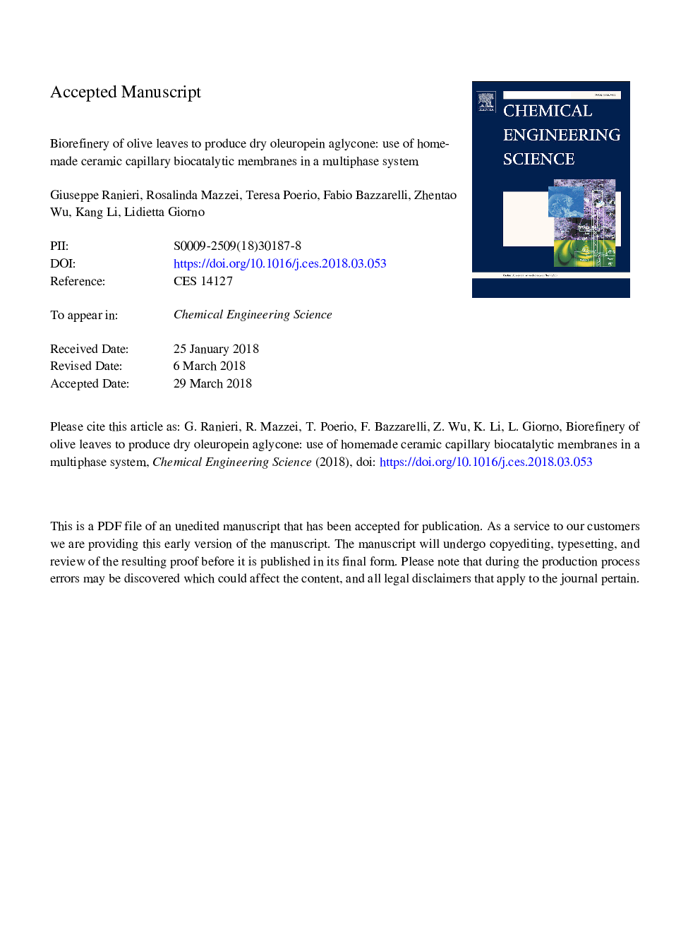 Biorefinery of olive leaves to produce dry oleuropein aglycone: Use of homemade ceramic capillary biocatalytic membranes in a multiphase system