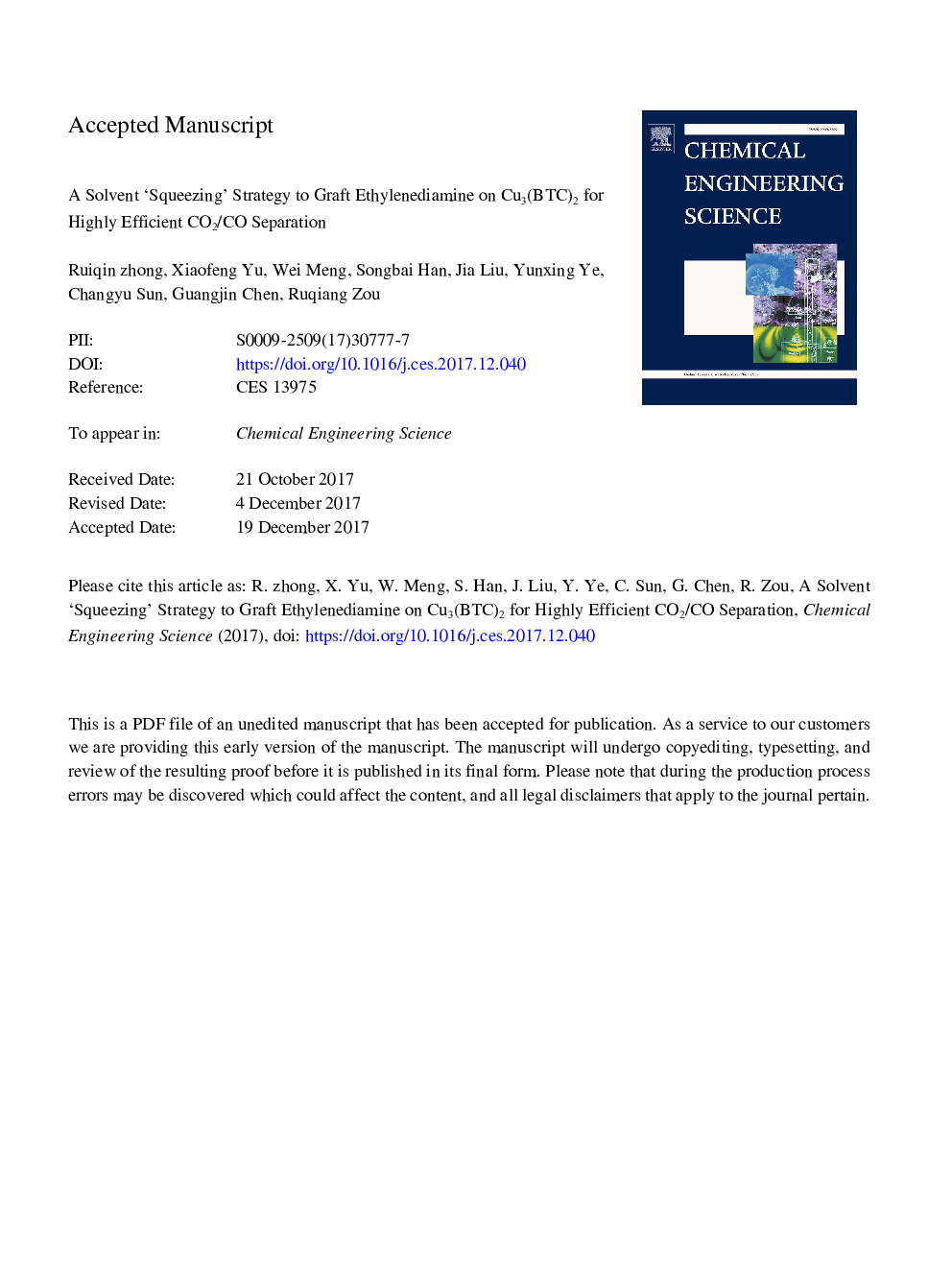 A solvent 'squeezing' strategy to graft ethylenediamine on Cu3(BTC)2 for highly efficient CO2/CO separation