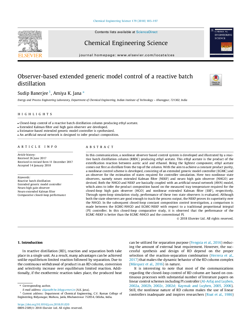 Observer-based extended generic model control of a reactive batch distillation