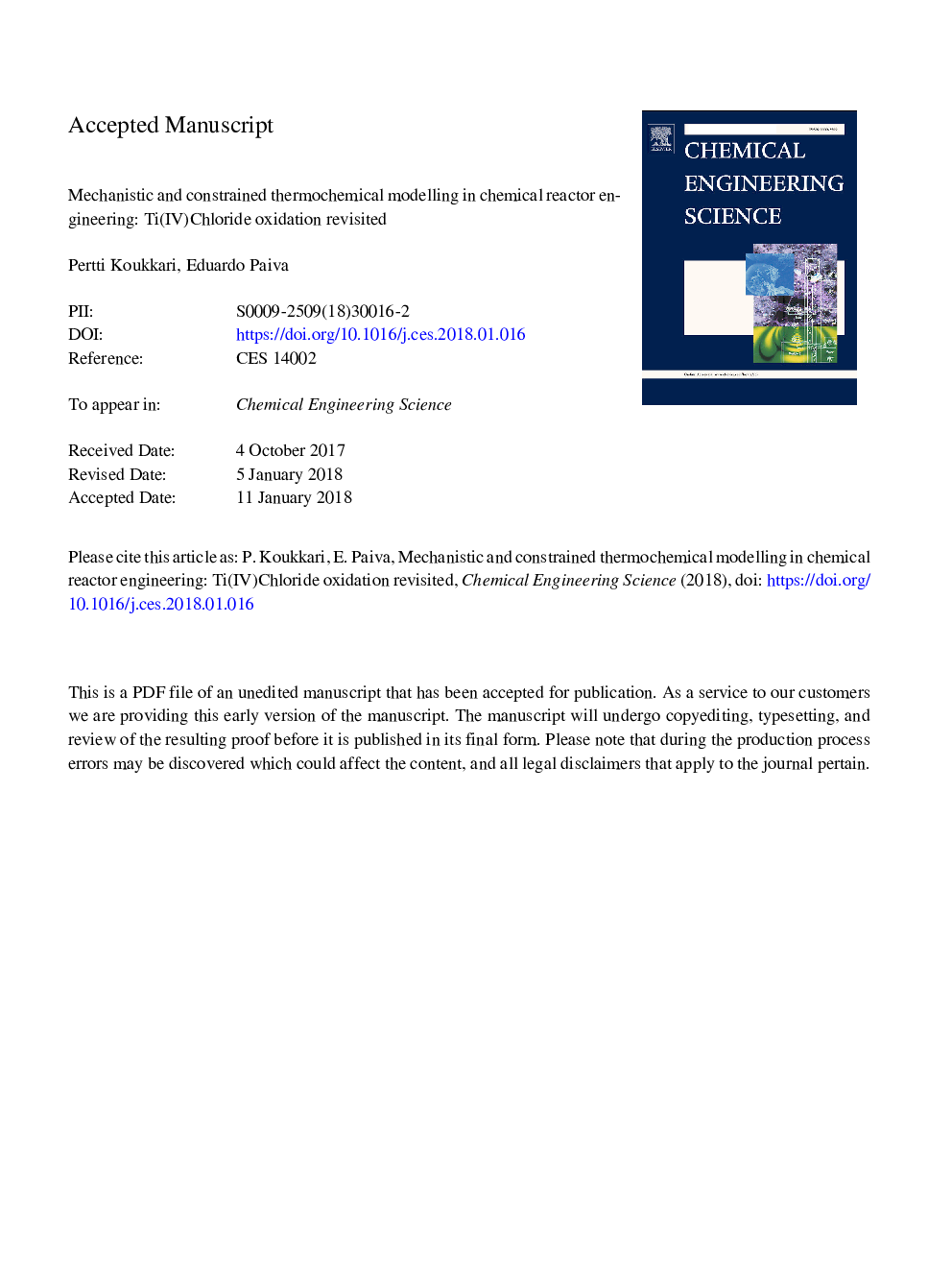 عکس صفحه اول مقاله: Mechanistic and constrained thermochemical modelling in chemical reactor engineering: Ti(IV) chloride oxidation revisited Mechanistic and constrained thermochemical modelling in chemical reactor engineering: Ti(IV) chloride oxidation revisited