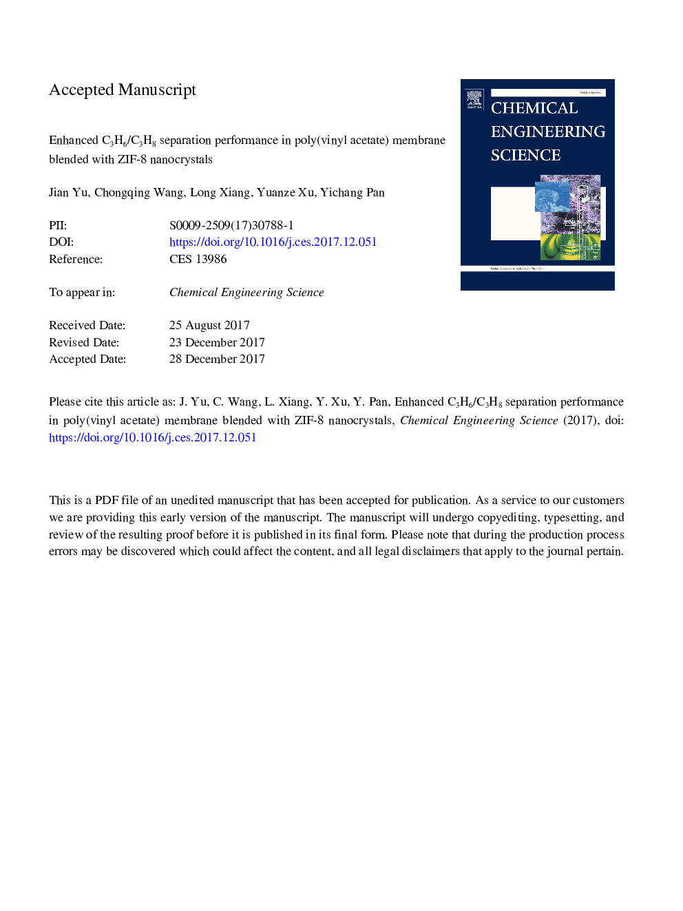 Enhanced C3H6/C3H8 separation performance in poly(vinyl acetate) membrane blended with ZIF-8 nanocrystals