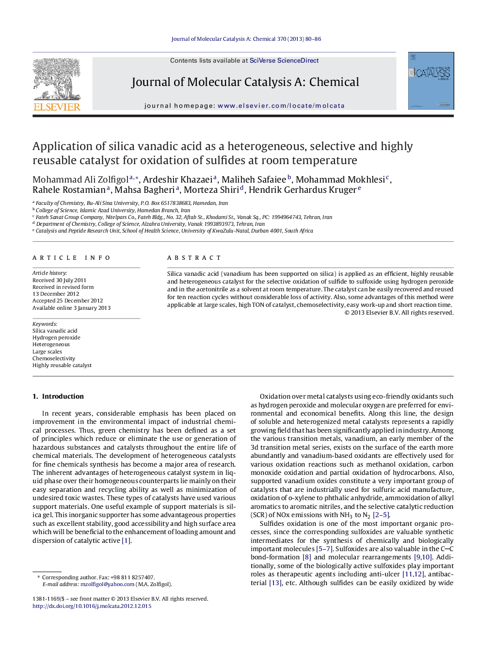 Application of silica vanadic acid as a heterogeneous, selective and highly reusable catalyst for oxidation of sulfides at room temperature