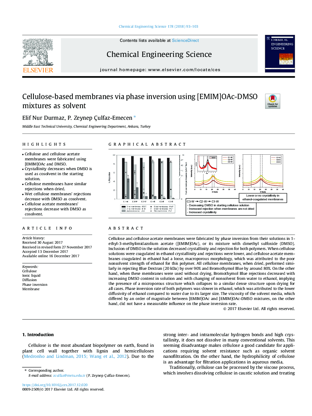 Cellulose-based membranes via phase inversion using [EMIM]OAc-DMSO mixtures as solvent