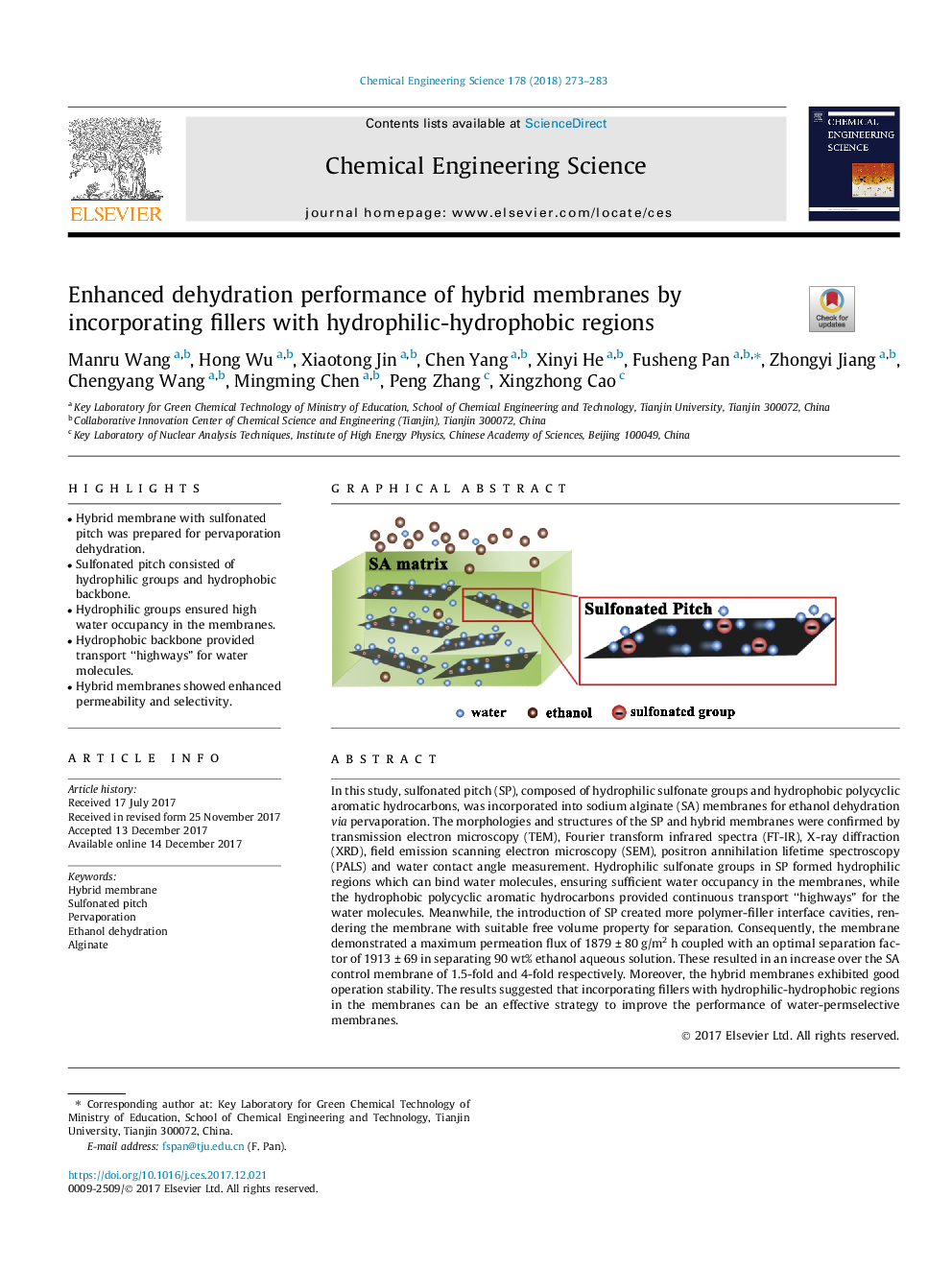 Enhanced dehydration performance of hybrid membranes by incorporating fillers with hydrophilic-hydrophobic regions