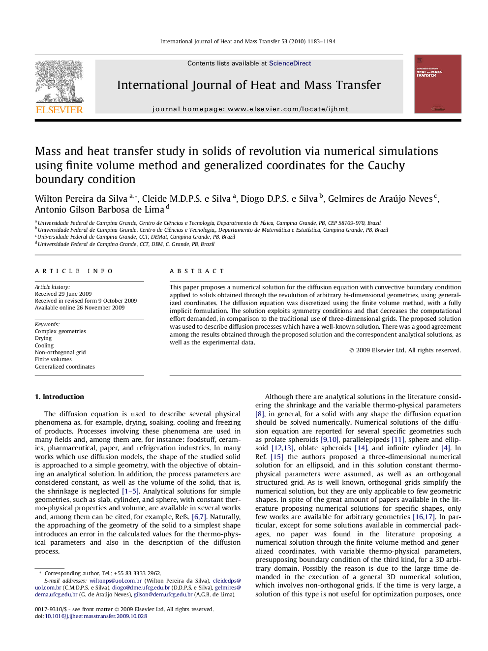 Mass and heat transfer study in solids of revolution via numerical simulations using finite volume method and generalized coordinates for the Cauchy boundary condition