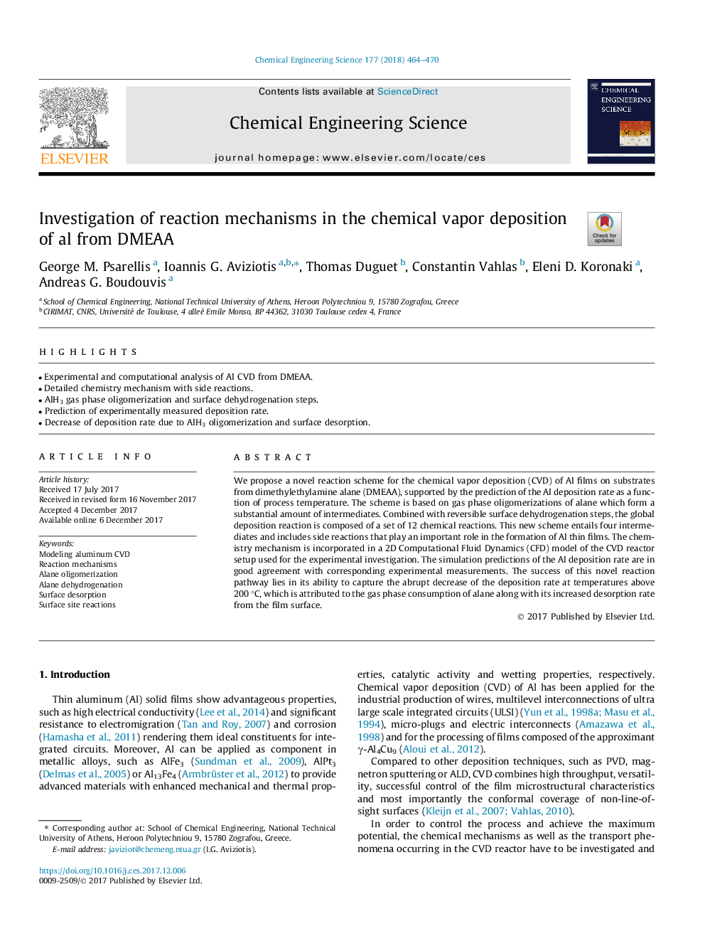 عکس صفحه اول مقاله: Investigation of reaction mechanisms in the chemical vapor deposition of al from DMEAA Investigation of reaction mechanisms in the chemical vapor deposition of al from DMEAA