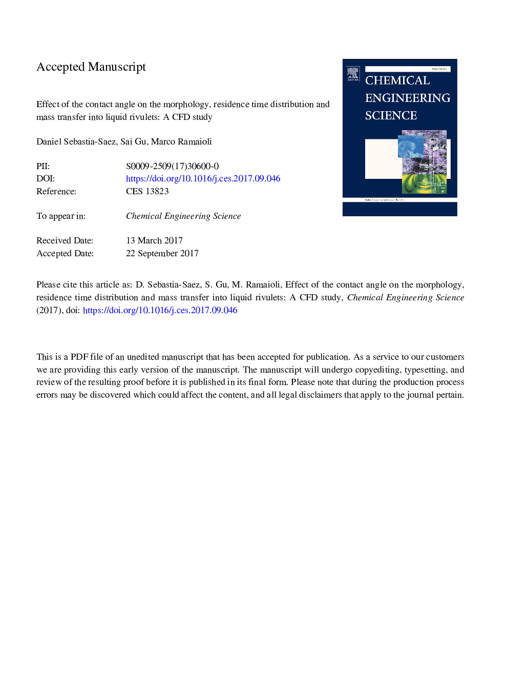 عکس صفحه اول مقاله: Effect of the contact angle on the morphology, residence time distribution and mass transfer into liquid rivulets: A CFD study Effect of the contact angle on the morphology, residence time distribution and mass transfer into liquid rivulets: A CFD study