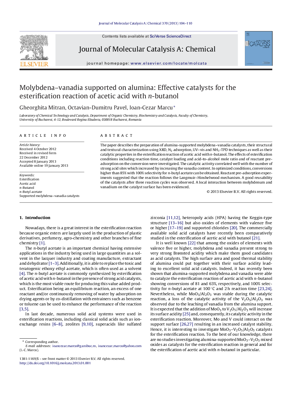 Molybdena–vanadia supported on alumina: Effective catalysts for the esterification reaction of acetic acid with n-butanol