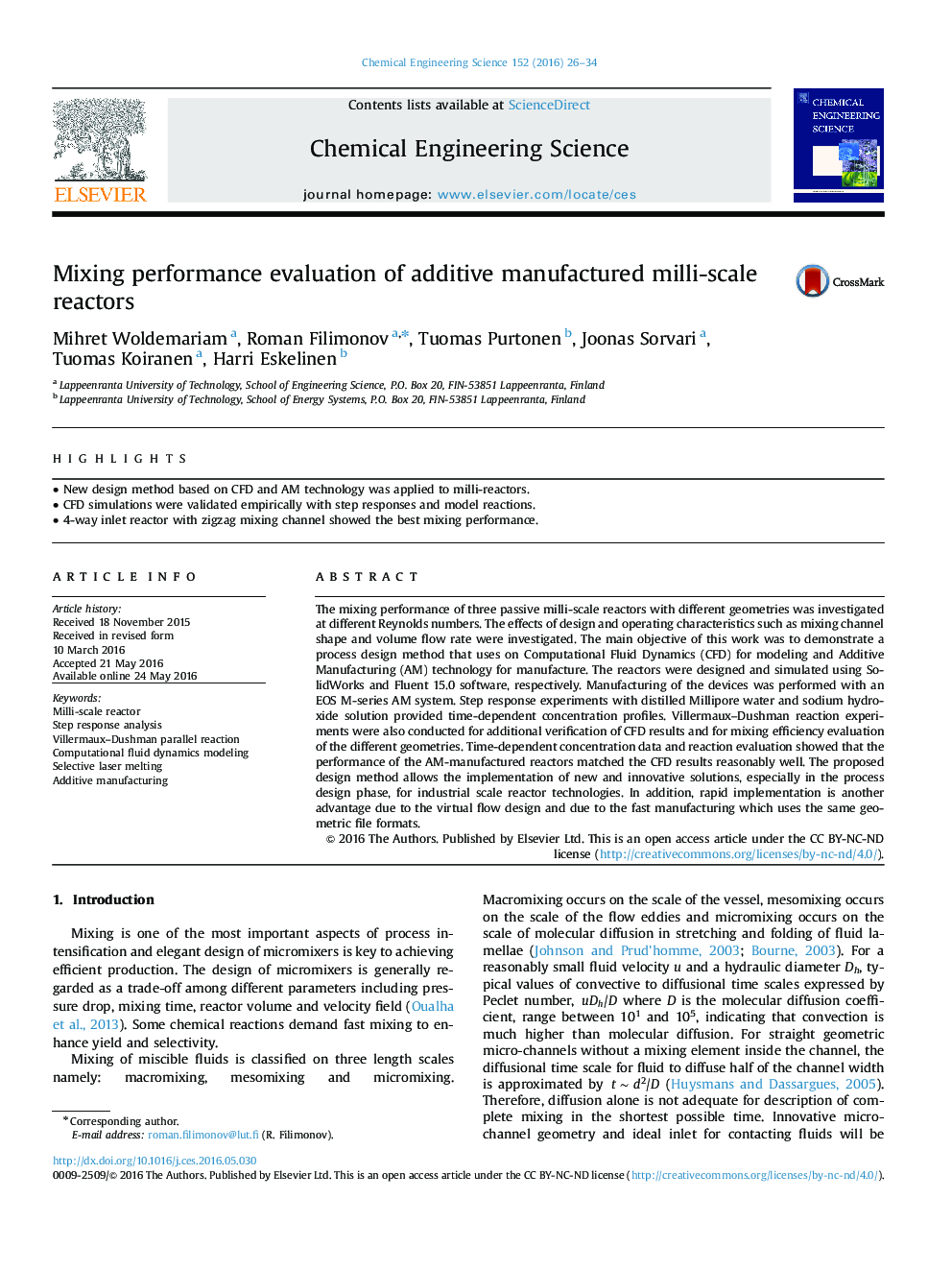 Mixing performance evaluation of additive manufactured milli-scale reactors