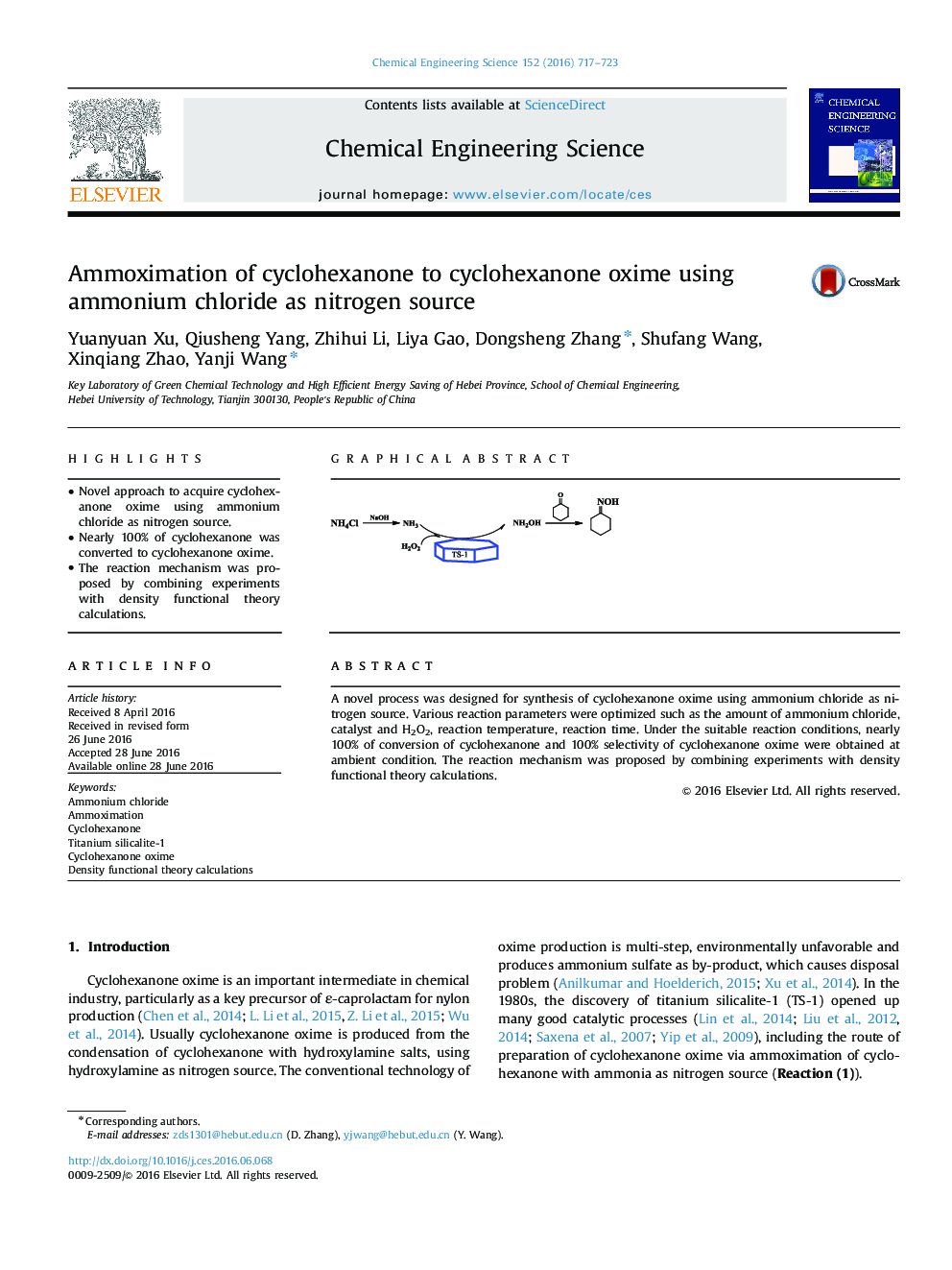 Ammoximation of cyclohexanone to cyclohexanone oxime using ammonium chloride as nitrogen source