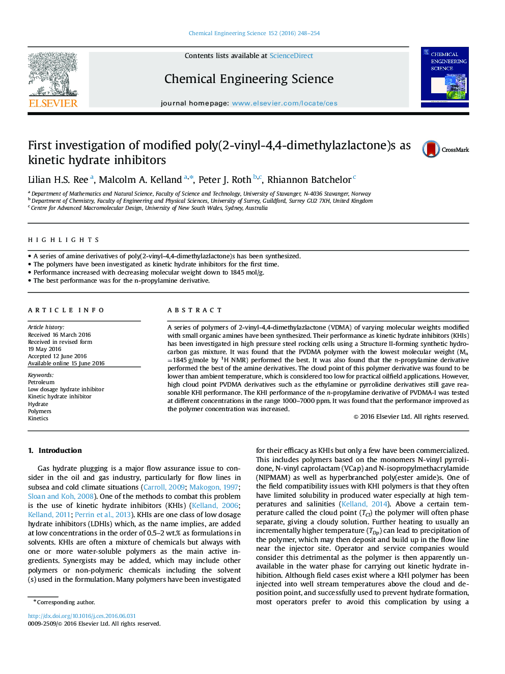 اولین تحقیق در مورد پلی وینیل-4،4-دی متیلازلاکتون اصلاح شده به عنوان مهار کننده های هیدرات سینتیک 
