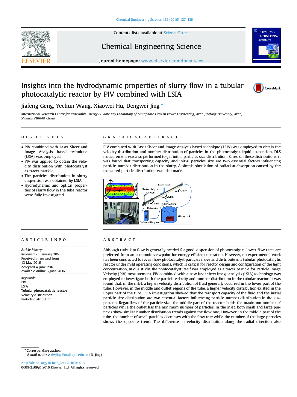 عکس صفحه اول مقاله: Insights into the hydrodynamic properties of slurry flow in a tubular photocatalytic reactor by PIV combined with LSIA Insights into the hydrodynamic properties of slurry flow in a tubular photocatalytic reactor by PIV combined with LSIA