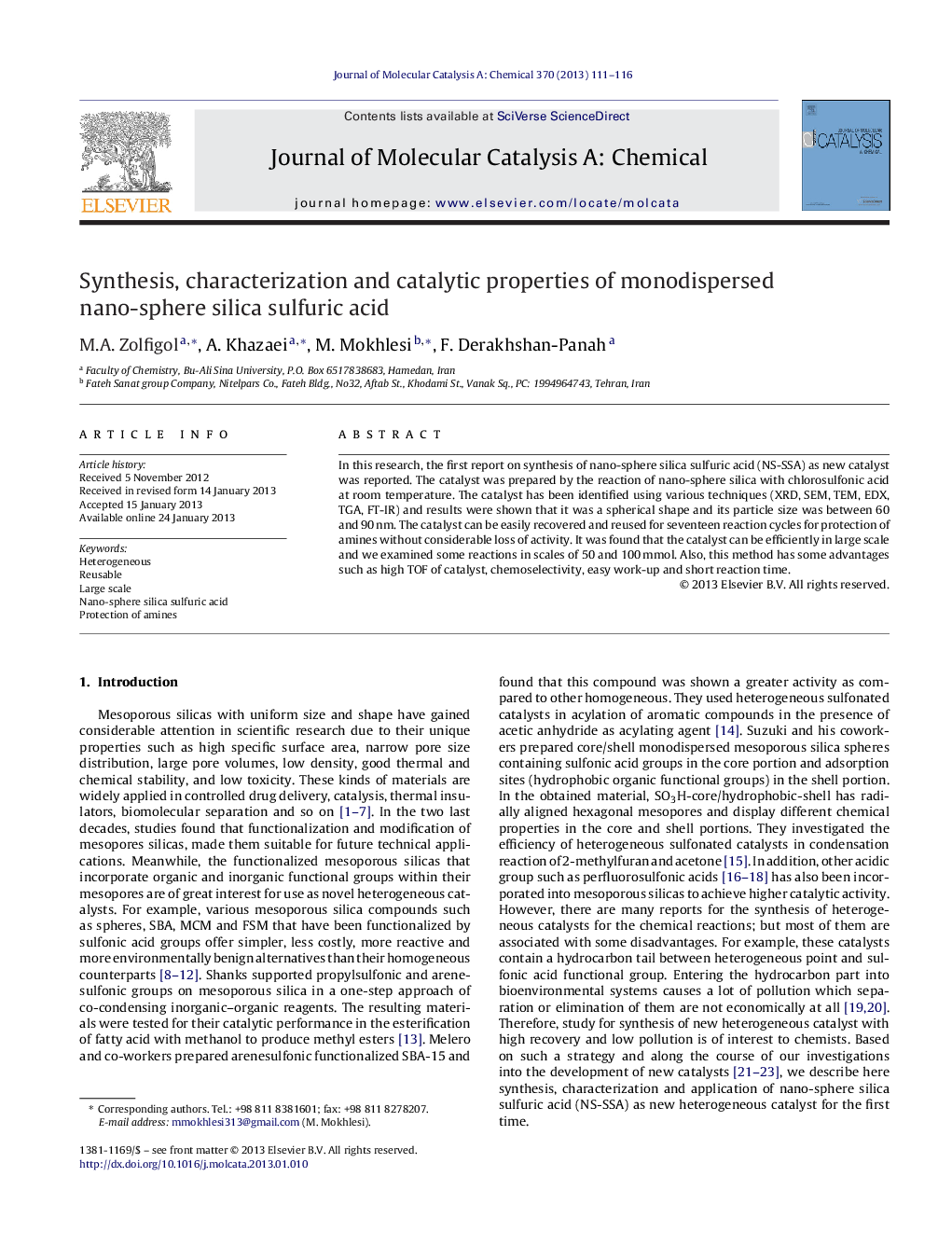 عکس صفحه اول مقاله: Synthesis, characterization and catalytic properties of monodispersed nano-sphere silica sulfuric acid Synthesis, characterization and catalytic properties of monodispersed nano-sphere silica sulfuric acid