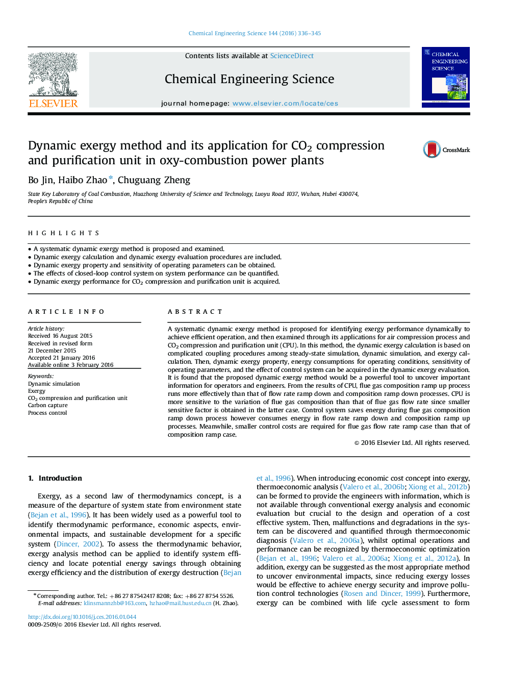 عکس صفحه اول مقاله: Dynamic exergy method and its application for CO2 compression and purification unit in oxy-combustion power plants Dynamic exergy method and its application for CO2 compression and purification unit in oxy-combustion power plants