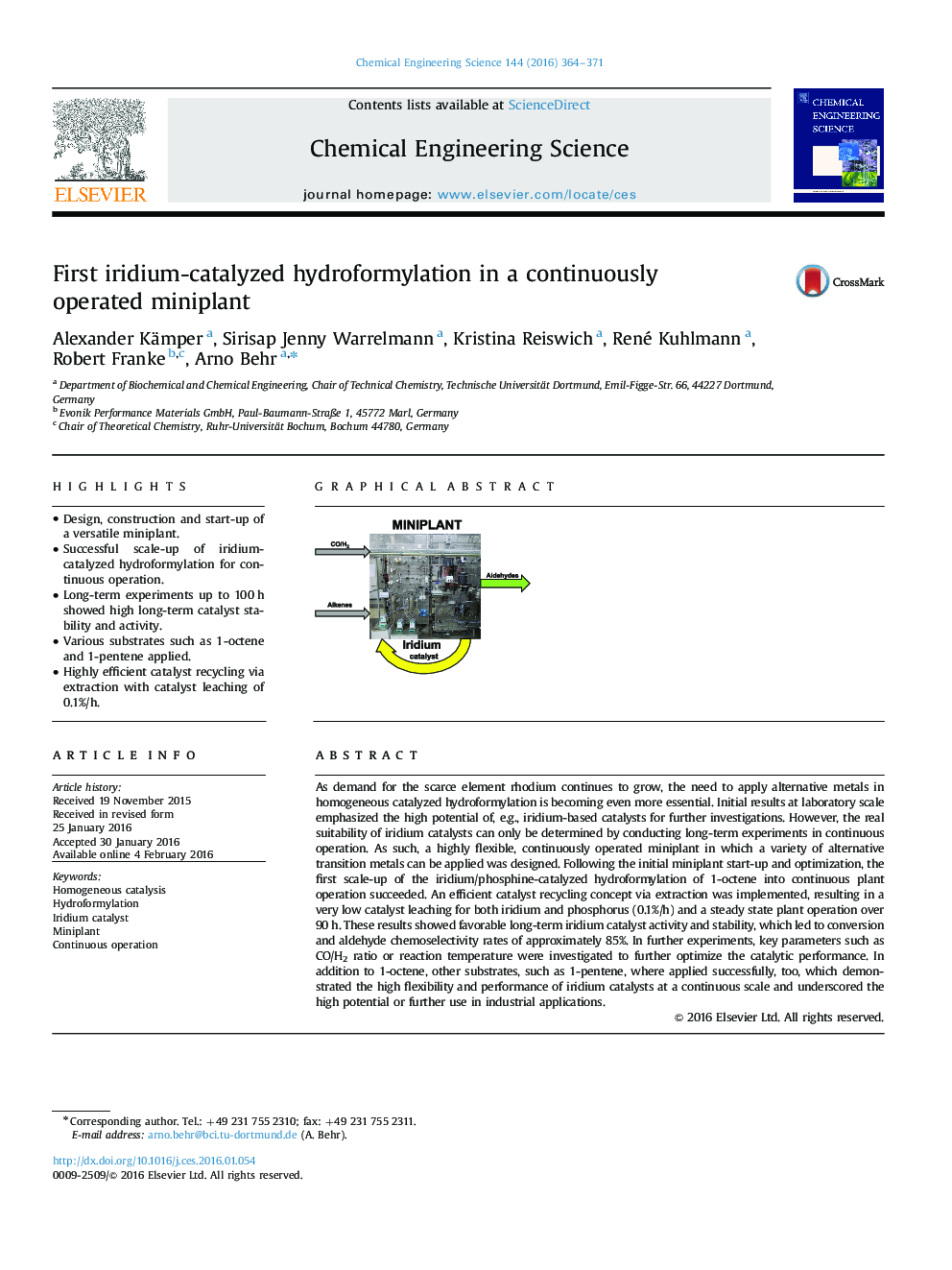 First iridium-catalyzed hydroformylation in a continuously operated miniplant