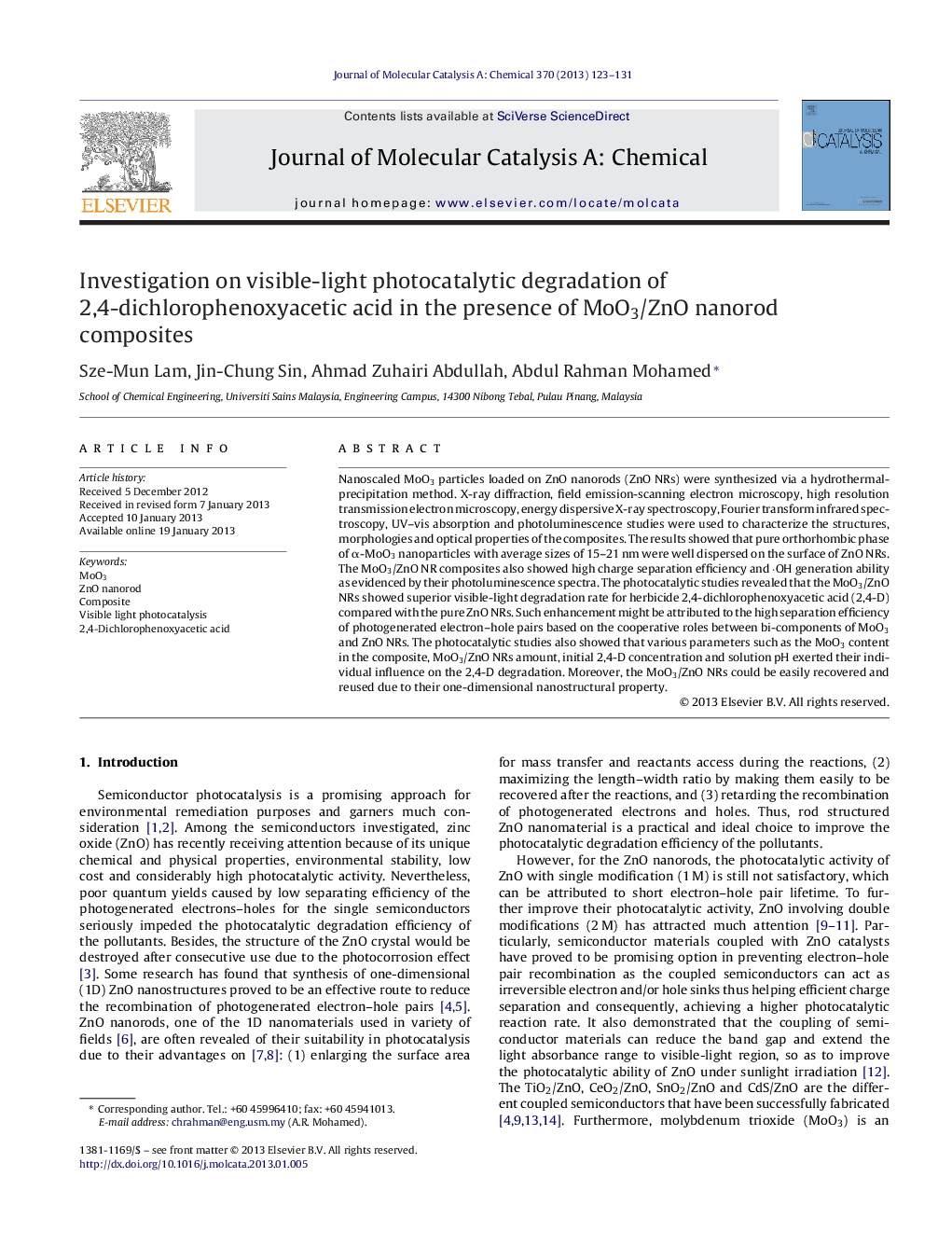 عکس صفحه اول مقاله: Investigation on visible-light photocatalytic degradation of 2,4-dichlorophenoxyacetic acid in the presence of MoO3/ZnO nanorod composites Investigation on visible-light photocatalytic degradation of 2,4-dichlorophenoxyacetic acid in the presence of MoO3/ZnO nanorod composites