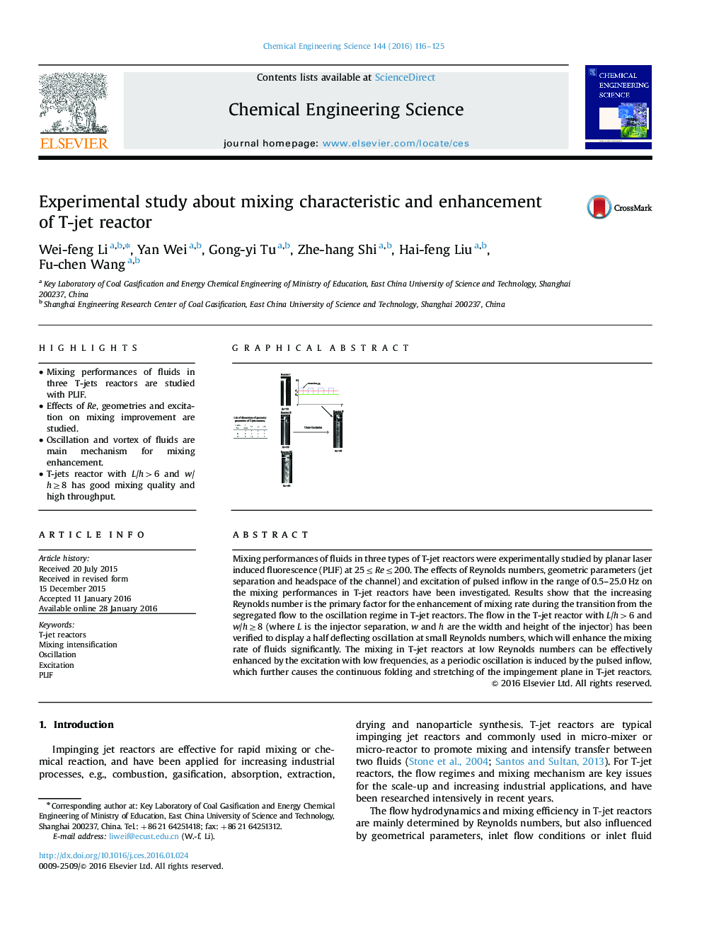 Experimental study about mixing characteristic and enhancement of T-jet reactor