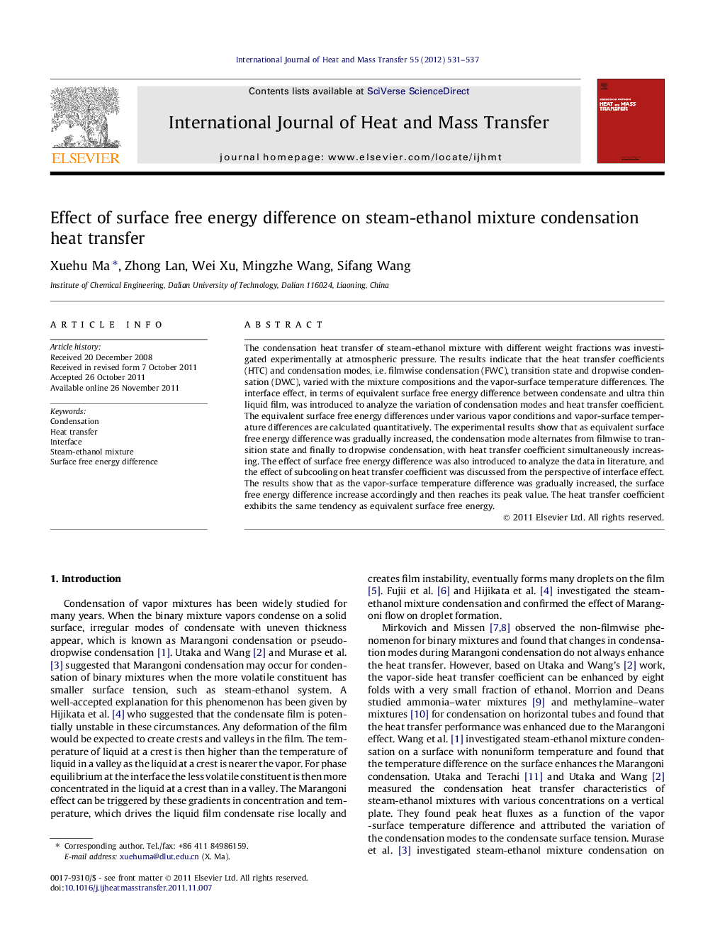 Effect of surface free energy difference on steam-ethanol mixture condensation heat transfer