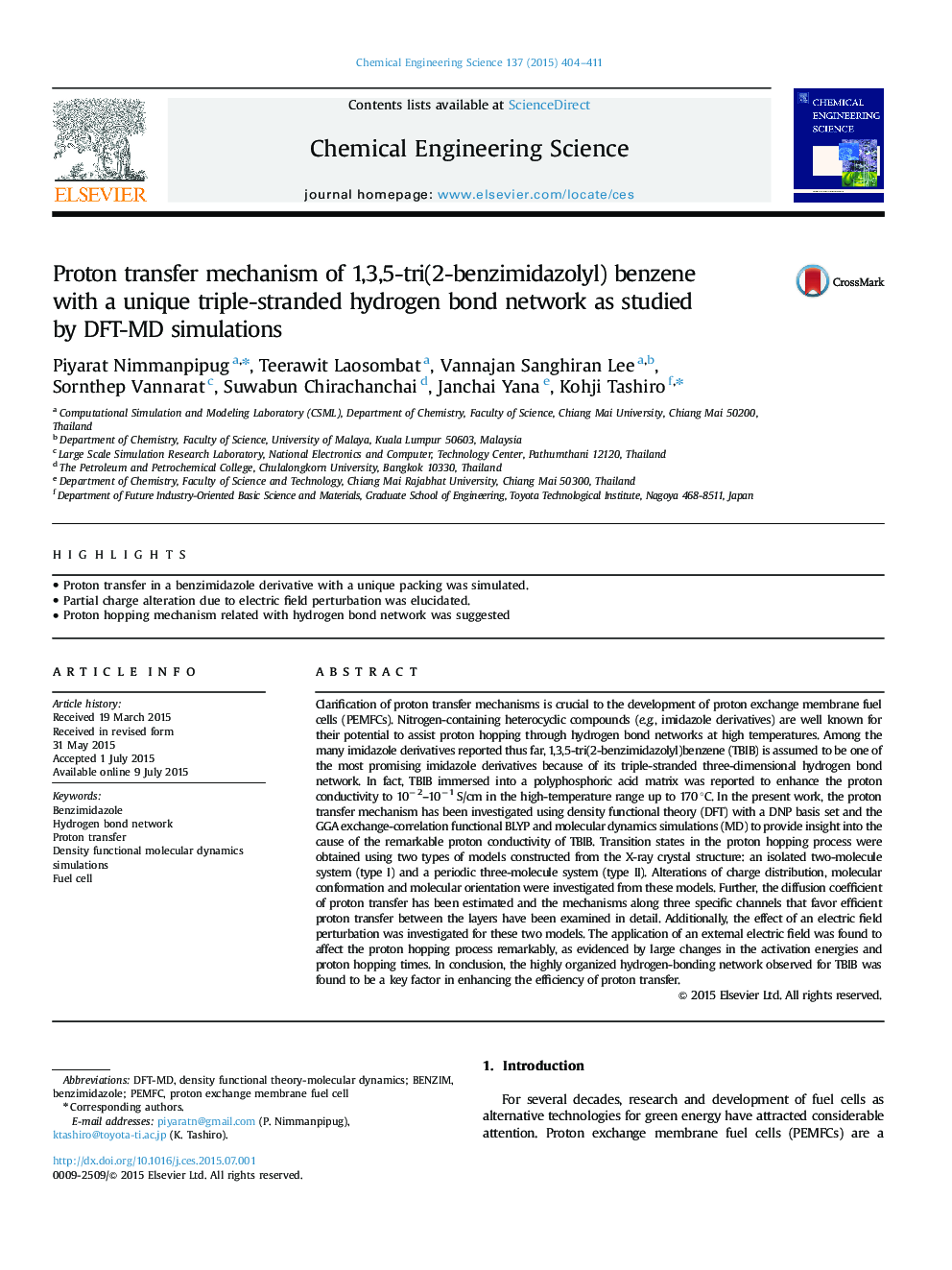 عکس صفحه اول مقاله: Proton transfer mechanism of 1,3,5-tri(2-benzimidazolyl) benzene with a unique triple-stranded hydrogen bond network as studied by DFT-MD simulations Proton transfer mechanism of 1,3,5-tri(2-benzimidazolyl) benzene with a unique triple-stranded hydrogen bond network as studied by DFT-MD simulations