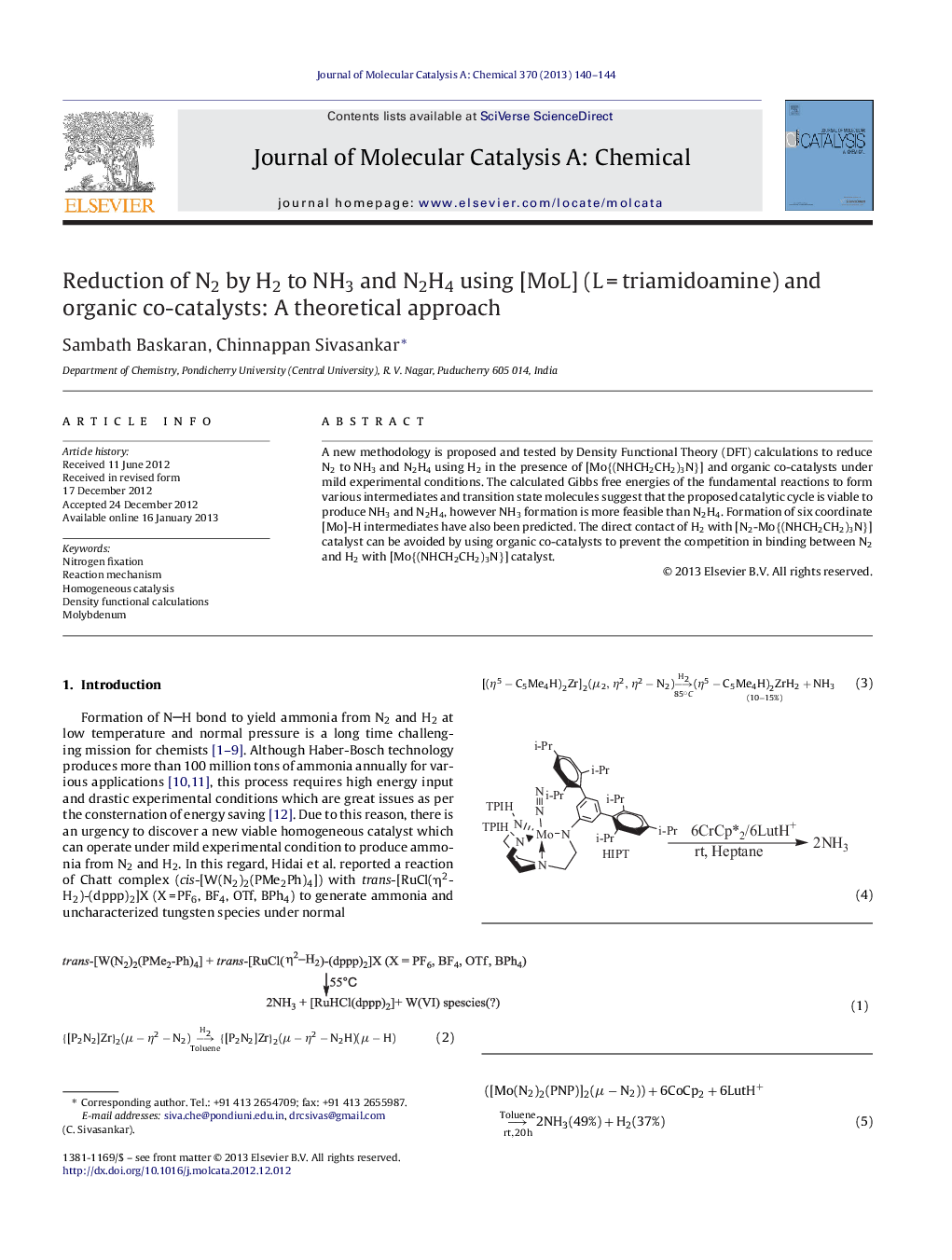 Reduction of N2 by H2 to NH3 and N2H4 using [MoL] (L = triamidoamine) and organic co-catalysts: A theoretical approach