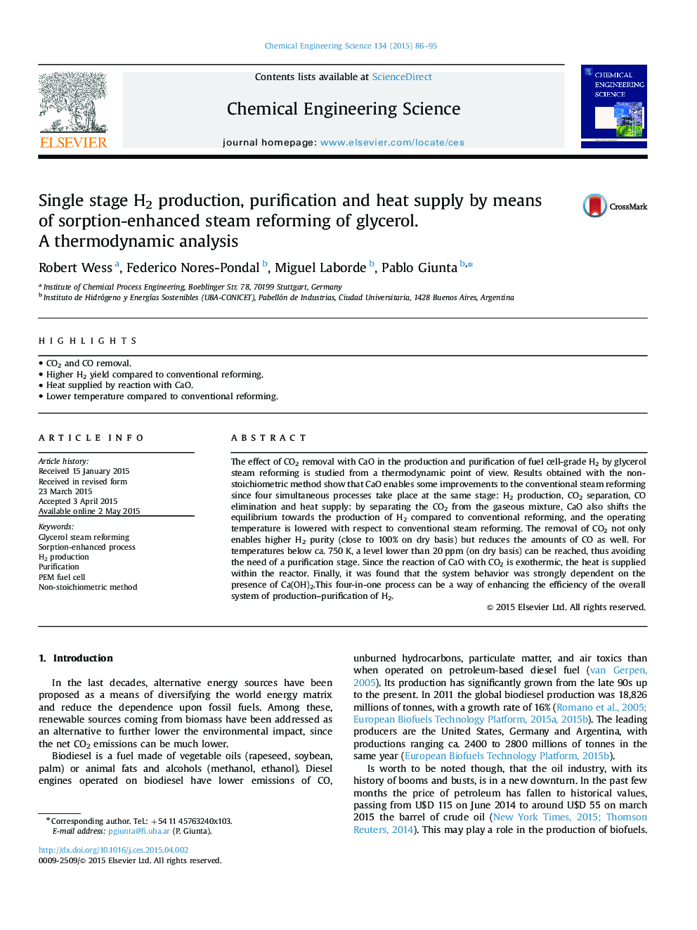 Single stage H2 production, purification and heat supply by means of sorption-enhanced steam reforming of glycerol. A thermodynamic analysis