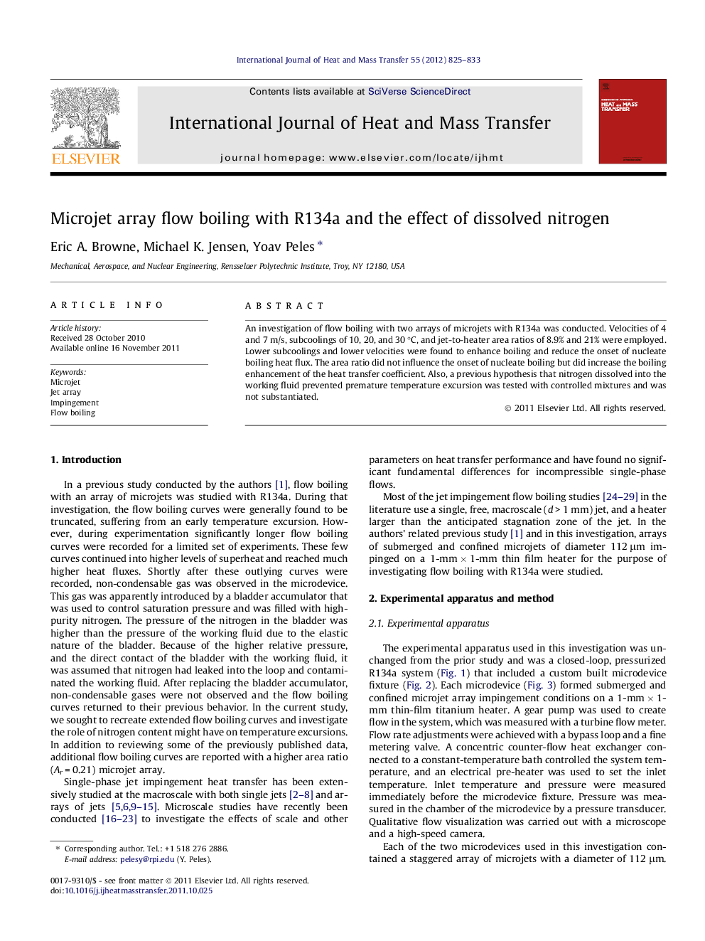 Microjet array flow boiling with R134a and the effect of dissolved nitrogen