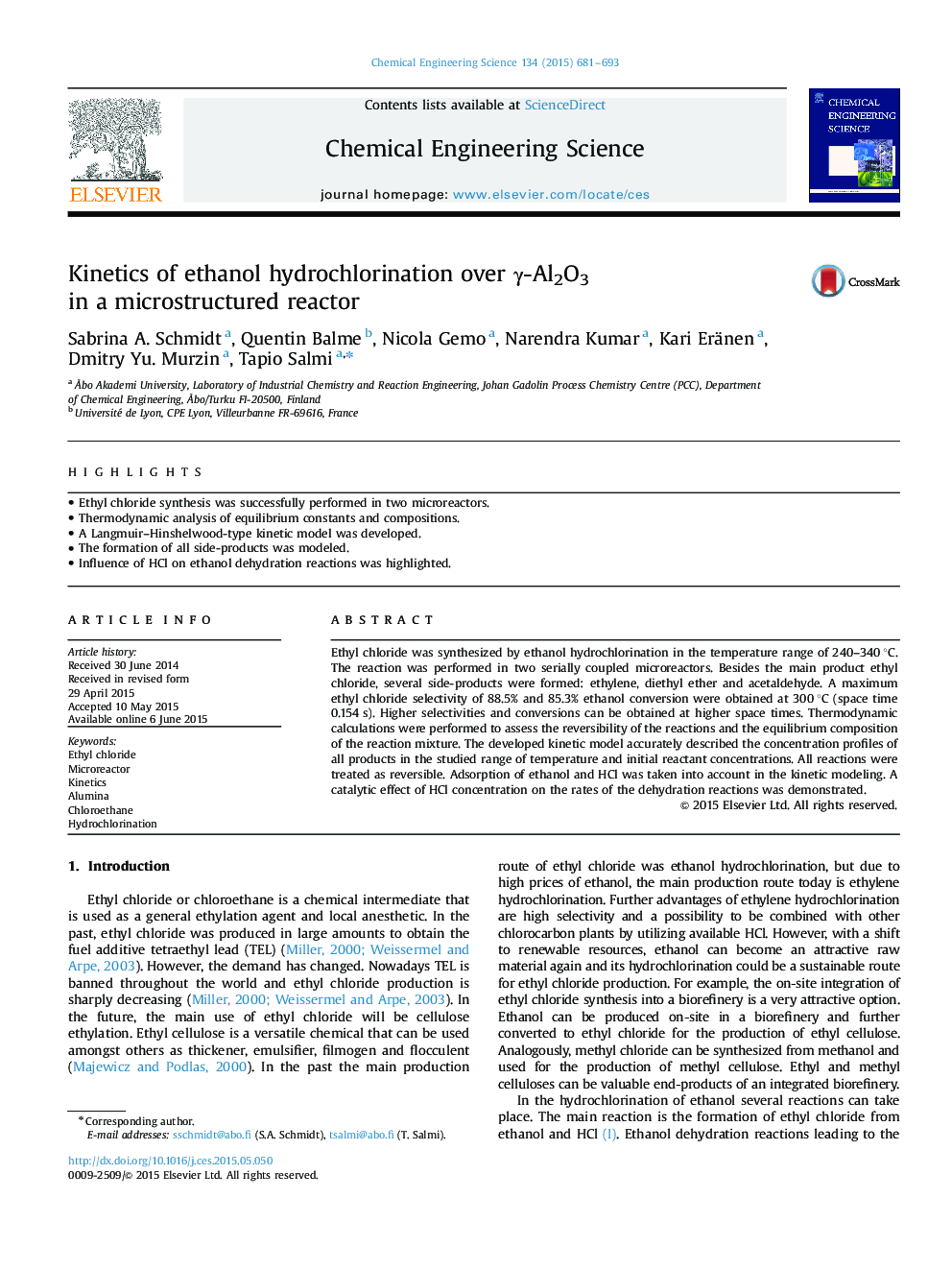 Kinetics of ethanol hydrochlorination over Î³-Al2O3 in a microstructured reactor