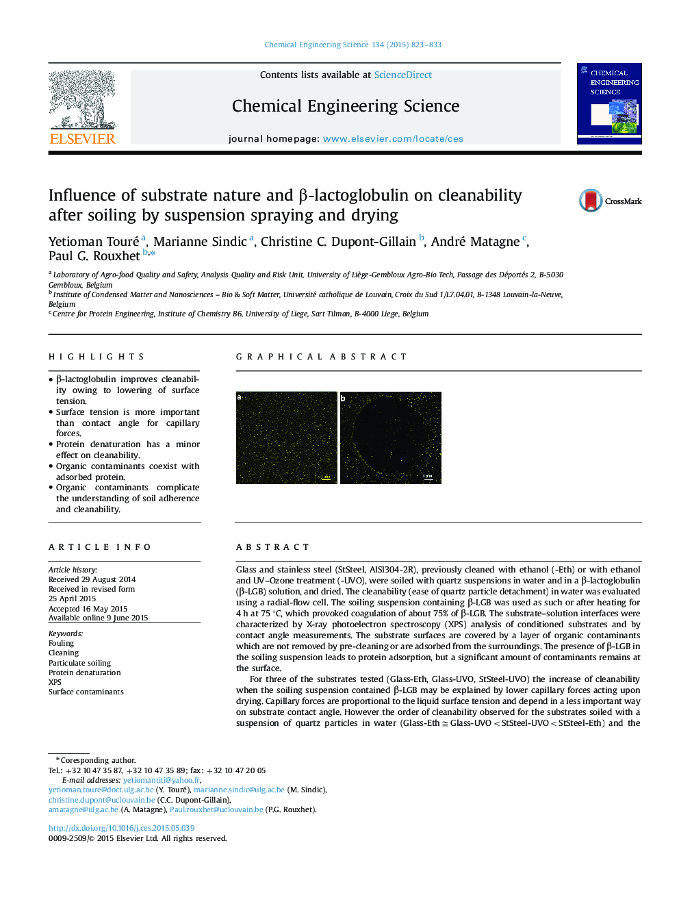 Influence of substrate nature and Î²-lactoglobulin on cleanability after soiling by suspension spraying and drying