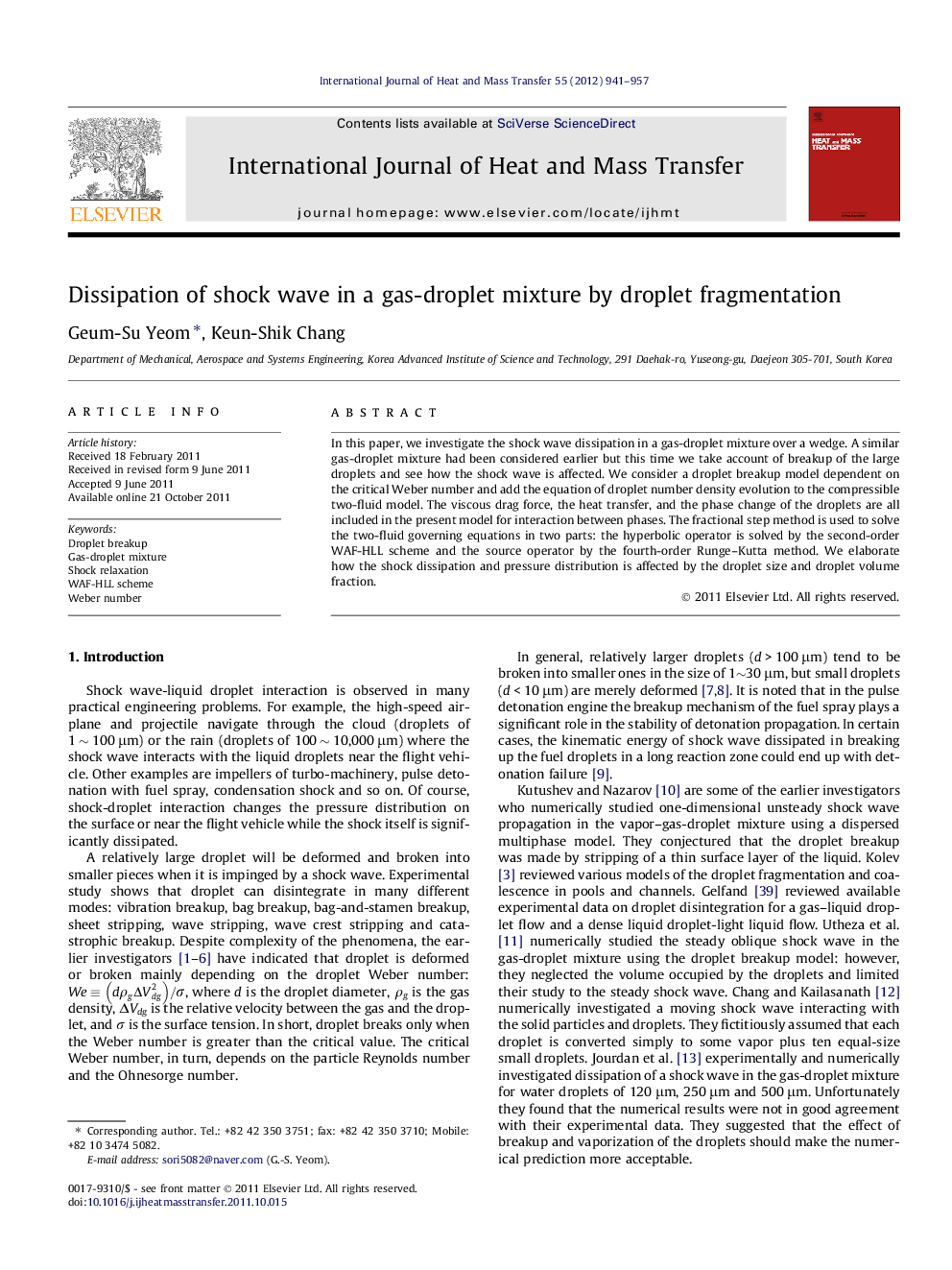 Dissipation of shock wave in a gas-droplet mixture by droplet fragmentation