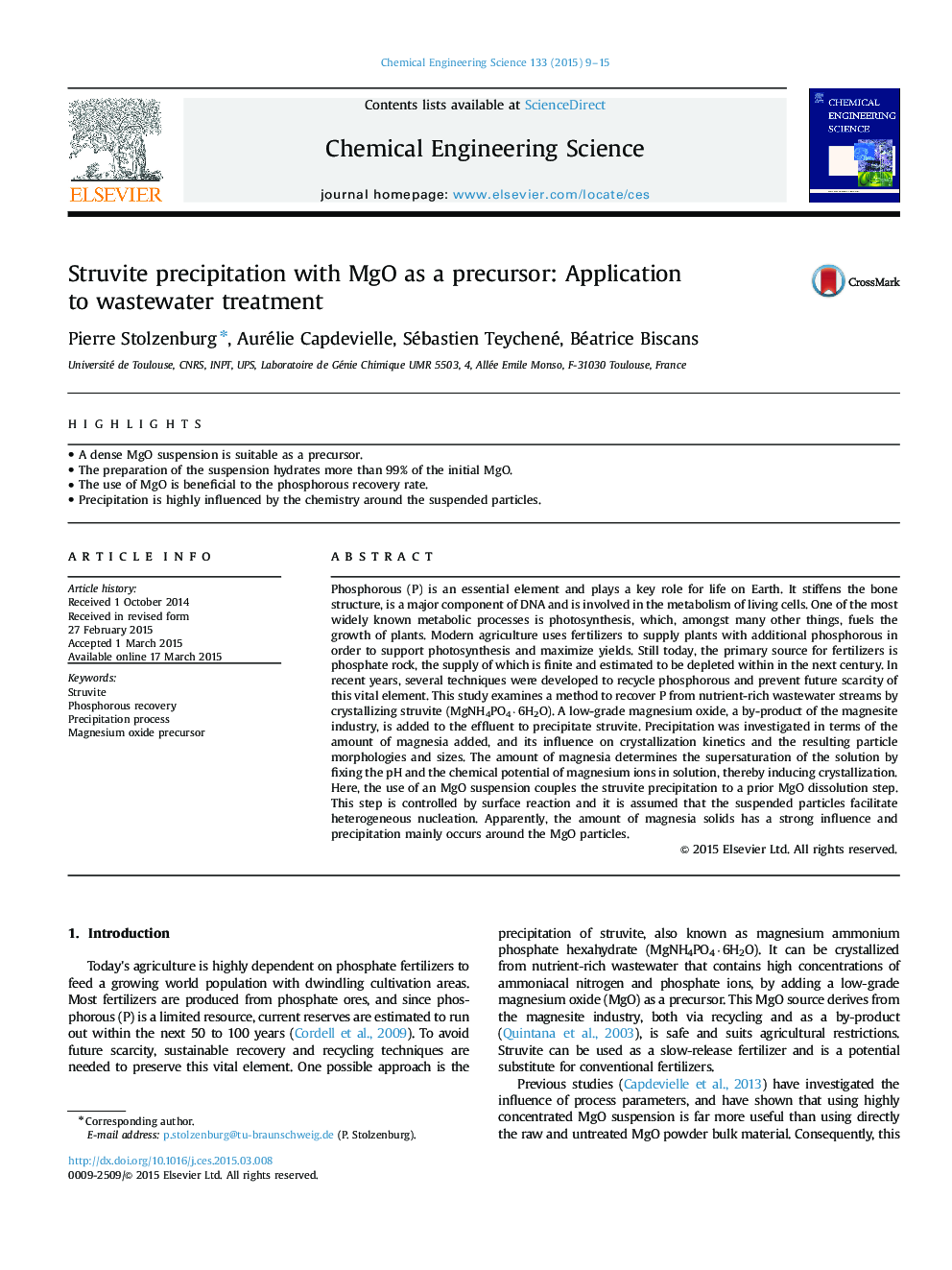 Struvite precipitation with MgO as a precursor: Application to wastewater treatment