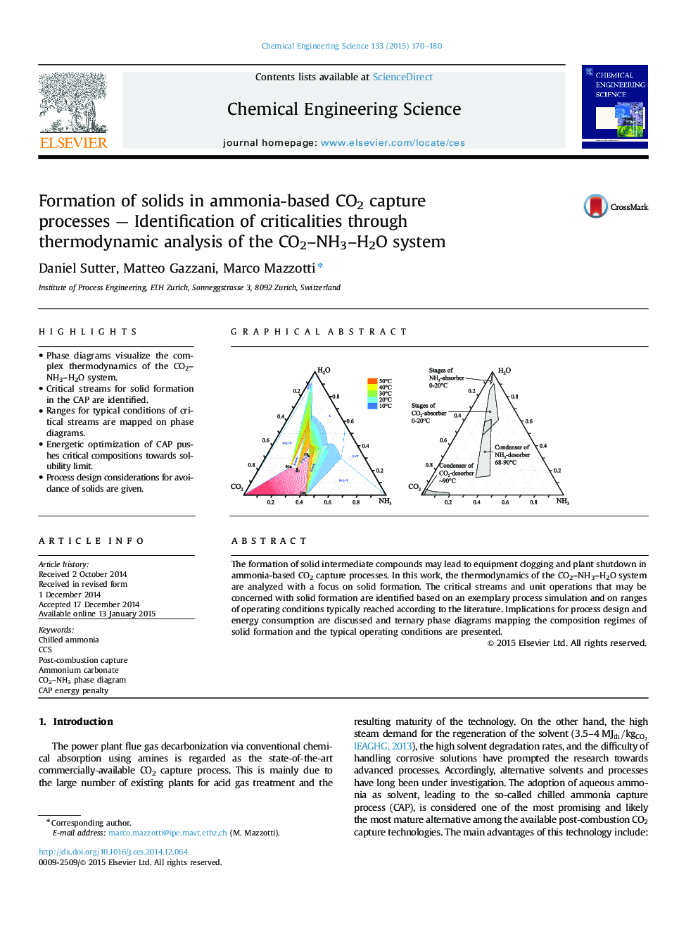 Formation of solids in ammonia-based CO2 capture processes - Identification of criticalities through thermodynamic analysis of the CO2-NH3-H2O system