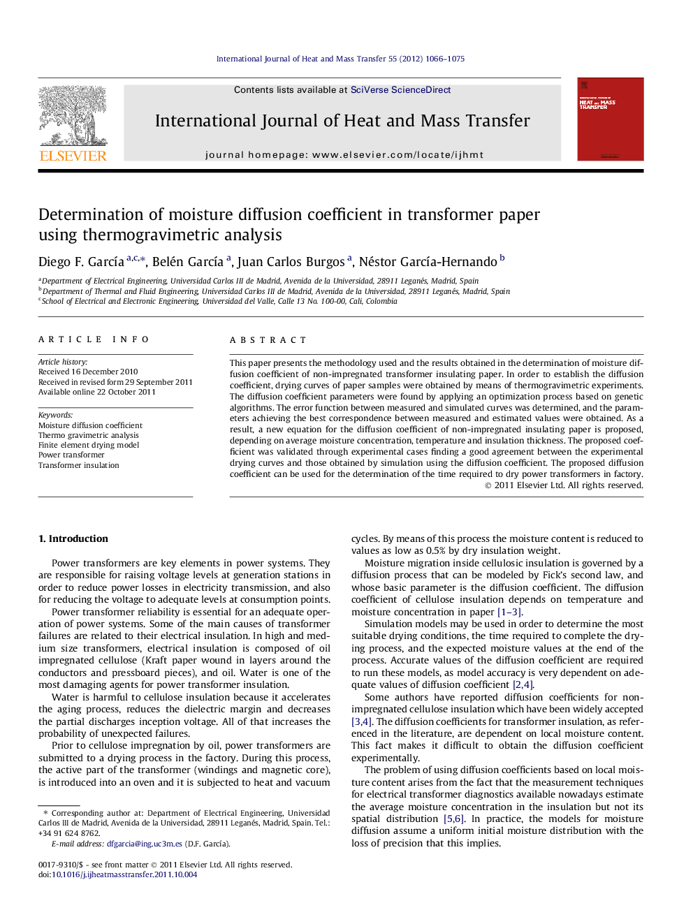 Determination of moisture diffusion coefficient in transformer paper using thermogravimetric analysis