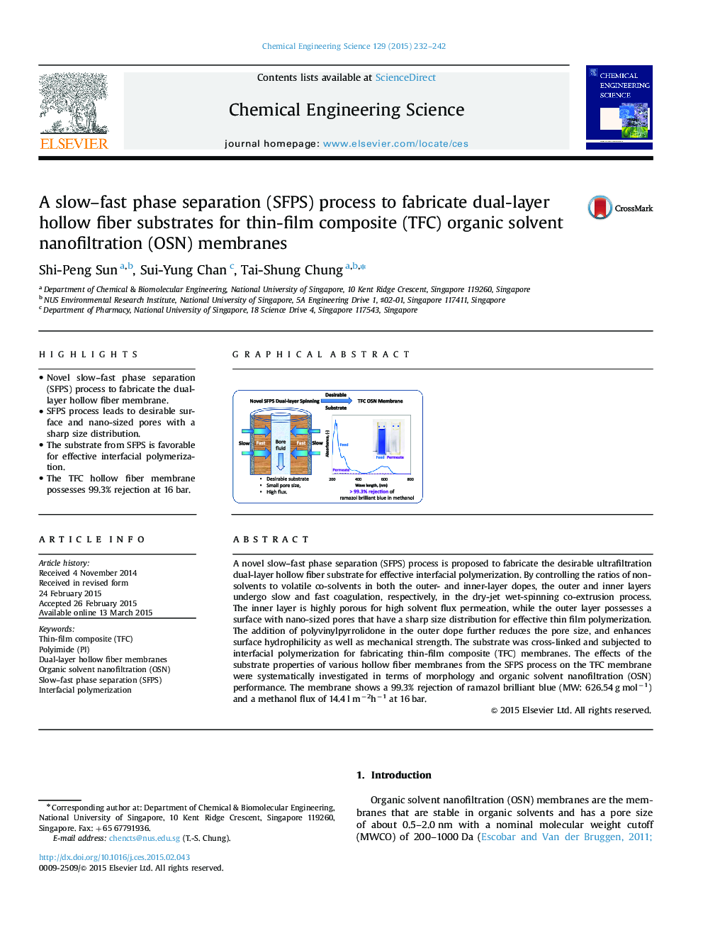 A slow-fast phase separation (SFPS) process to fabricate dual-layer hollow fiber substrates for thin-film composite (TFC) organic solvent nanofiltration (OSN) membranes