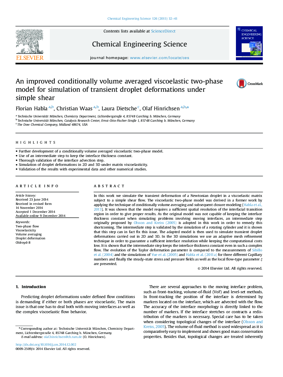 An improved conditionally volume averaged viscoelastic two-phase model for simulation of transient droplet deformations under simple shear