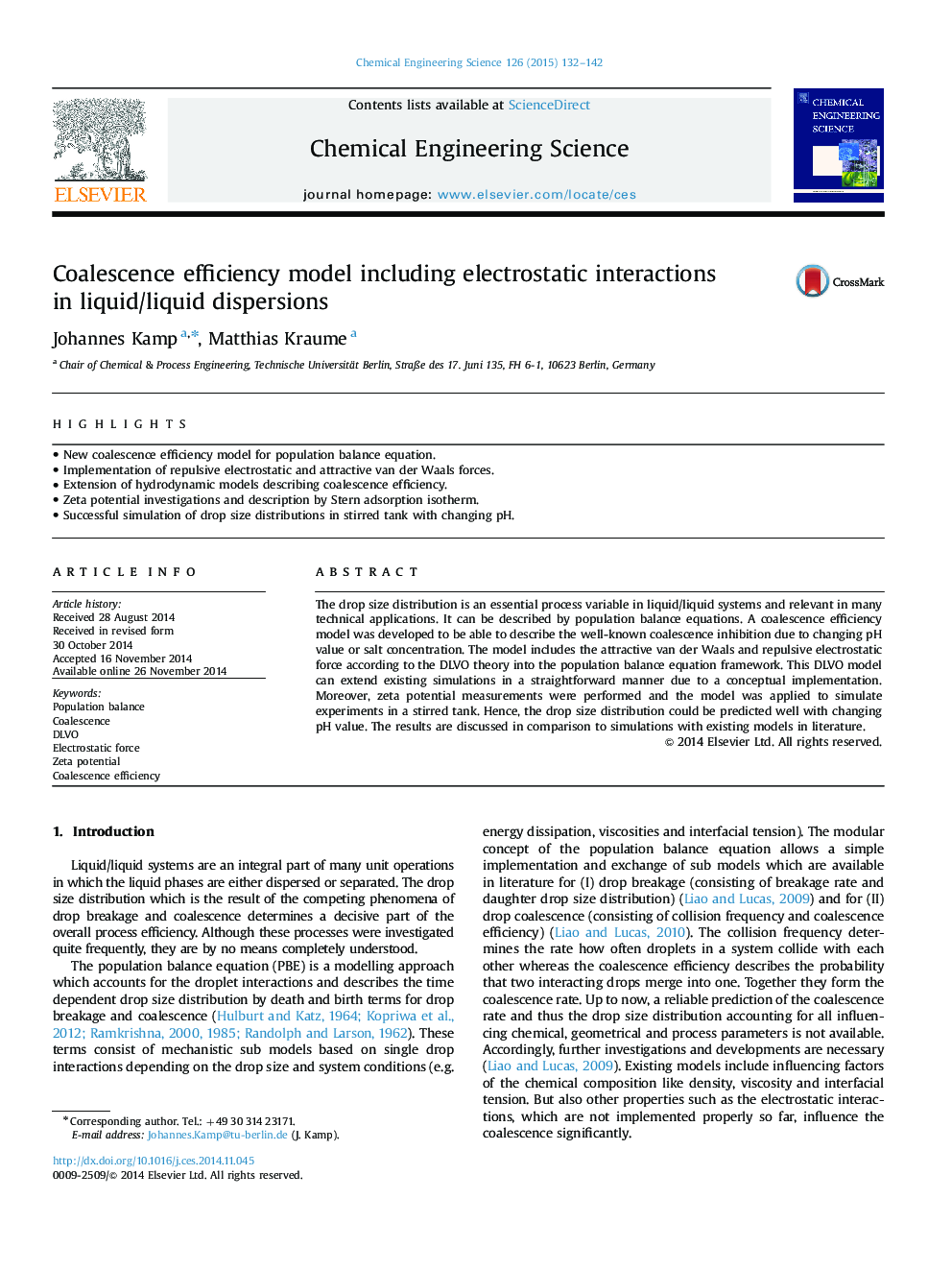 Coalescence efficiency model including electrostatic interactions in liquid/liquid dispersions