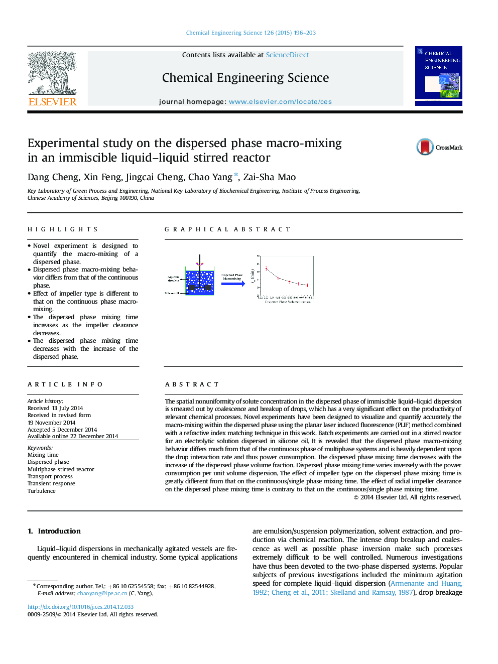 Experimental study on the dispersed phase macro-mixing in an immiscible liquid-liquid stirred reactor