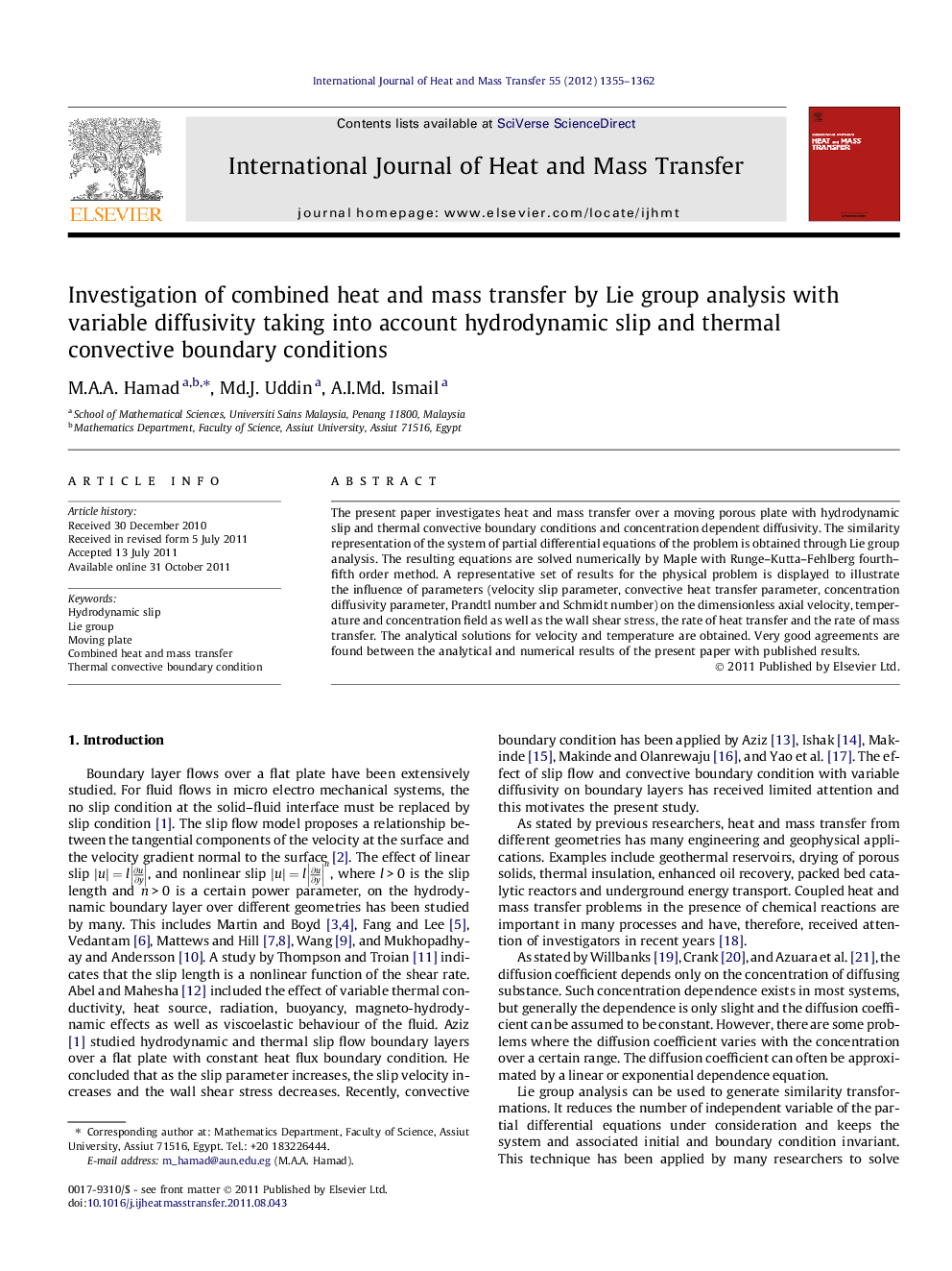 Investigation of combined heat and mass transfer by Lie group analysis with variable diffusivity taking into account hydrodynamic slip and thermal convective boundary conditions