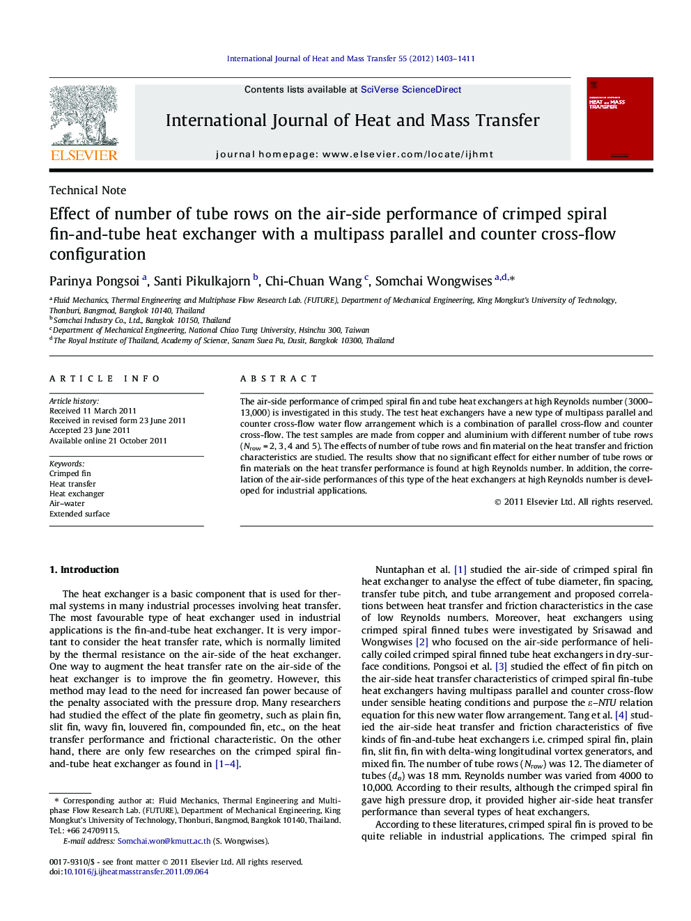 Effect of number of tube rows on the air-side performance of crimped spiral fin-and-tube heat exchanger with a multipass parallel and counter cross-flow configuration