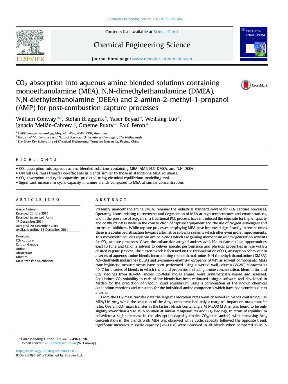 عکس صفحه اول مقاله: CO2 absorption into aqueous amine blended solutions containing monoethanolamine (MEA), N,N-dimethylethanolamine (DMEA), N,N-diethylethanolamine (DEEA) and 2-amino-2-methyl-1-propanol (AMP) for post-combustion capture processes CO2 absorption into aqueous amine blended solutions containing monoethanolamine (MEA), N,N-dimethylethanolamine (DMEA), N,N-diethylethanolamine (DEEA) and 2-amino-2-methyl-1-propanol (AMP) for post-combustion capture processes