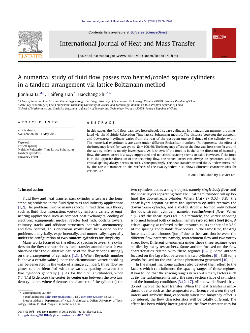 A numerical study of fluid flow passes two heated/cooled square cylinders in a tandem arrangement via lattice Boltzmann method