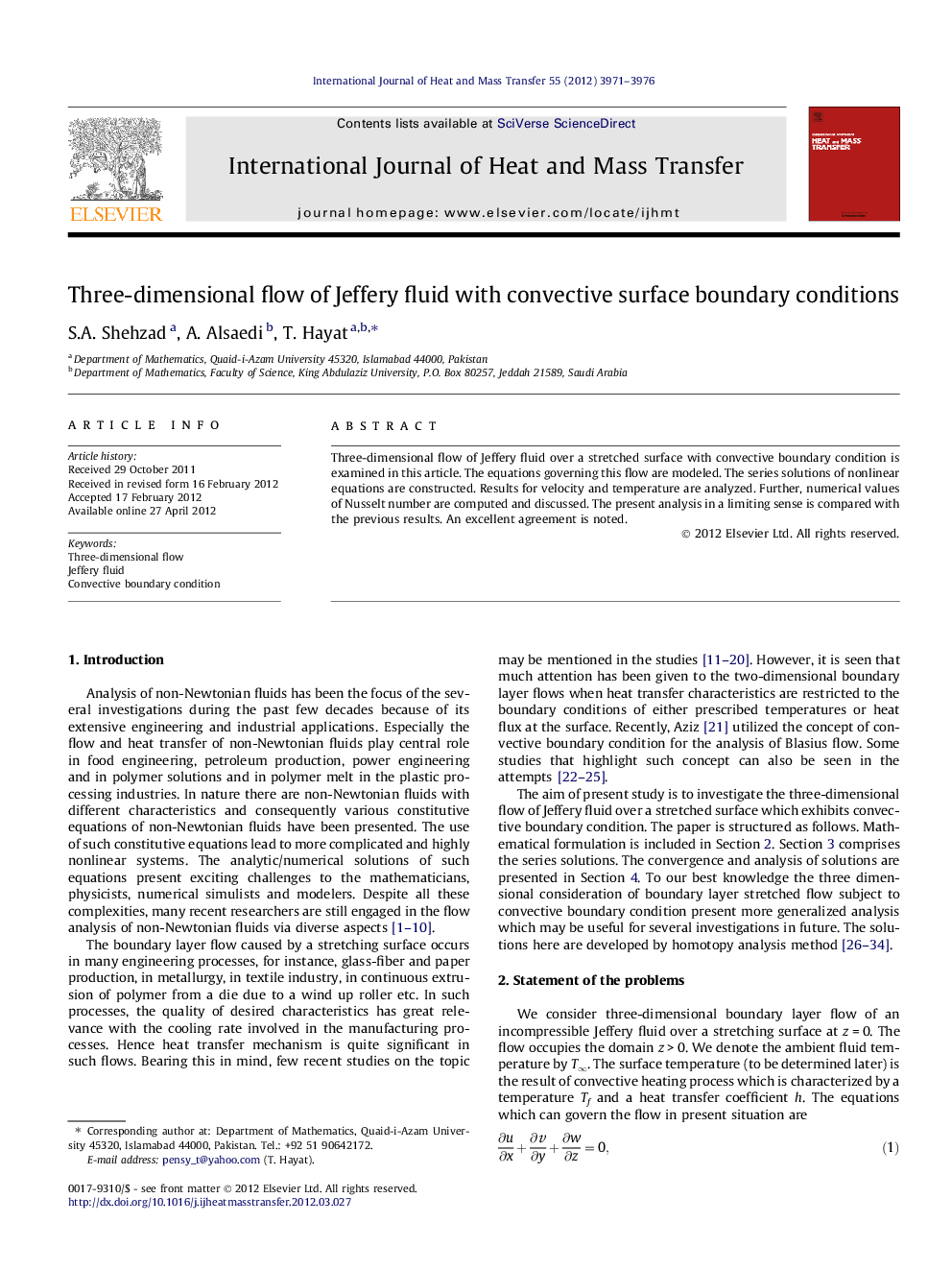 Three-dimensional flow of Jeffery fluid with convective surface boundary conditions