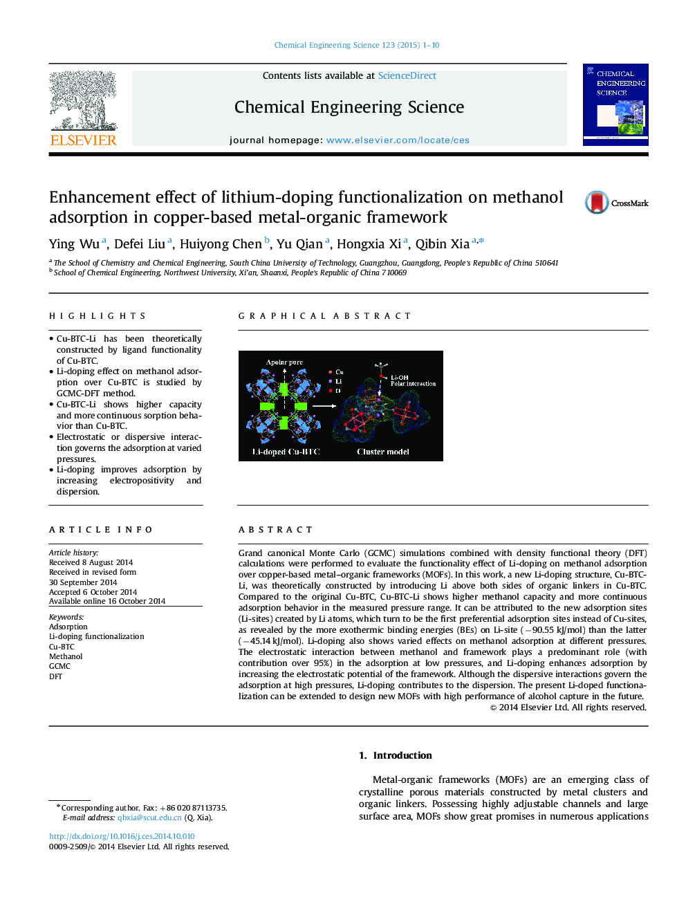 Enhancement effect of lithium-doping functionalization on methanol adsorption in copper-based metal-organic framework