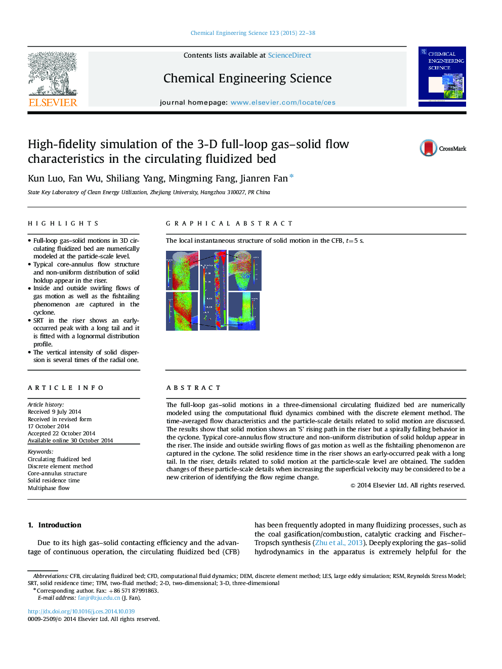 High-fidelity simulation of the 3-D full-loop gas-solid flow characteristics in the circulating fluidized bed