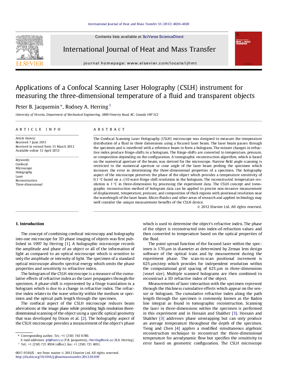 Applications of a Confocal Scanning Laser Holography (CSLH) instrument for measuring the three-dimensional temperature of a fluid and transparent objects